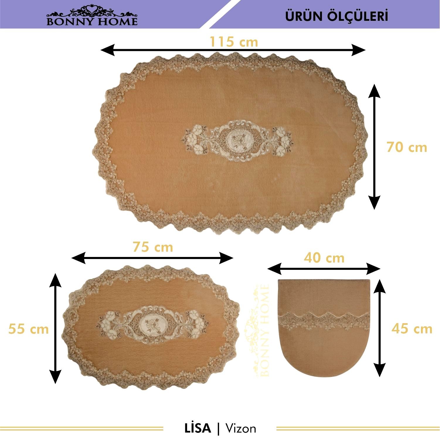 Bonny Home Lisa 3lü Dantelli Klozet Takımı Çeyizlik Banyo Halısı Paspası Seti - Vizon