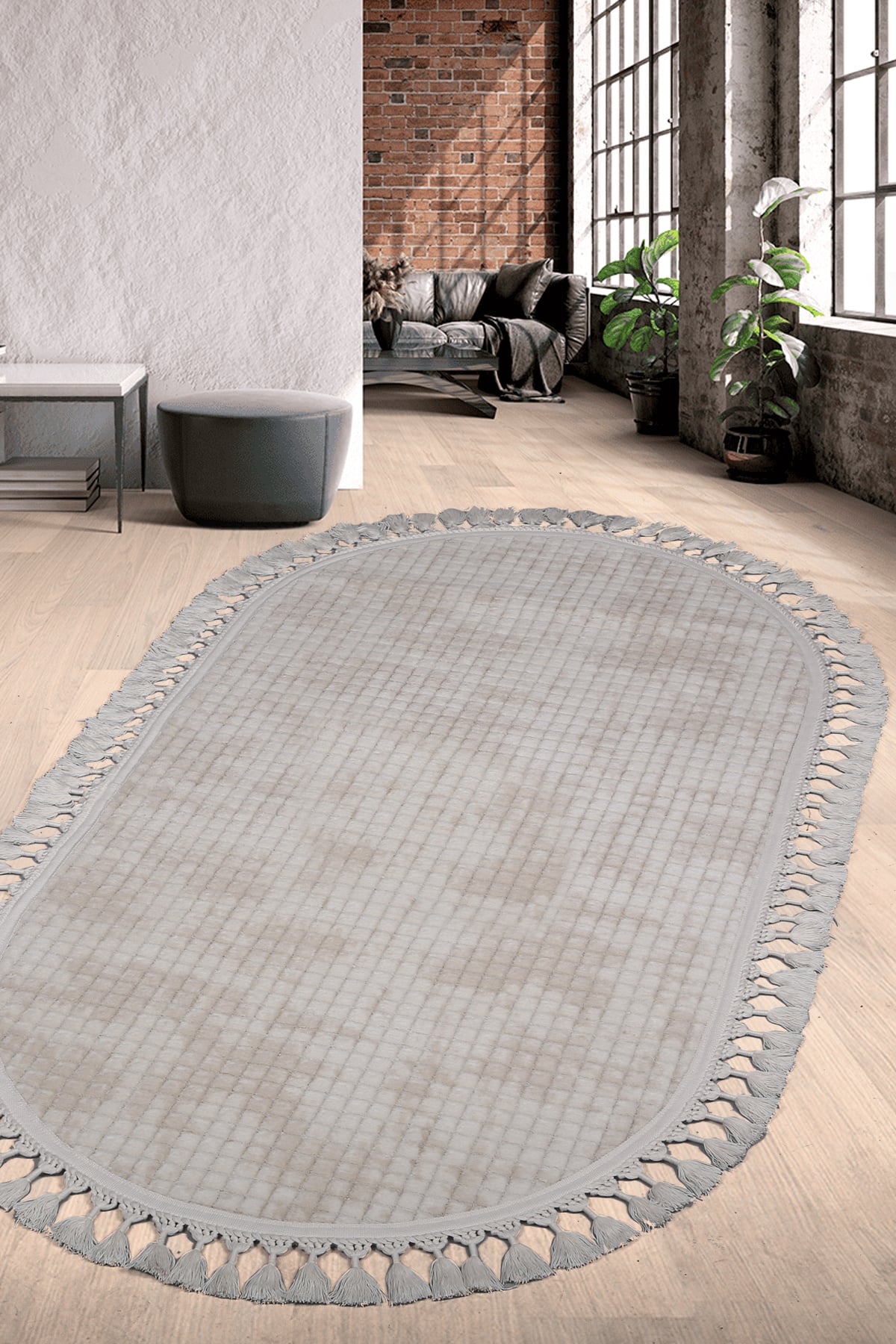 Kare Plus Oval Ponpon Saçaklı Salon Oda Çocuk Mutfak Antre Koridor Halısı Kaymaz Tabanlı Yıkanabilir Peluş Halı Yolluk - Krem