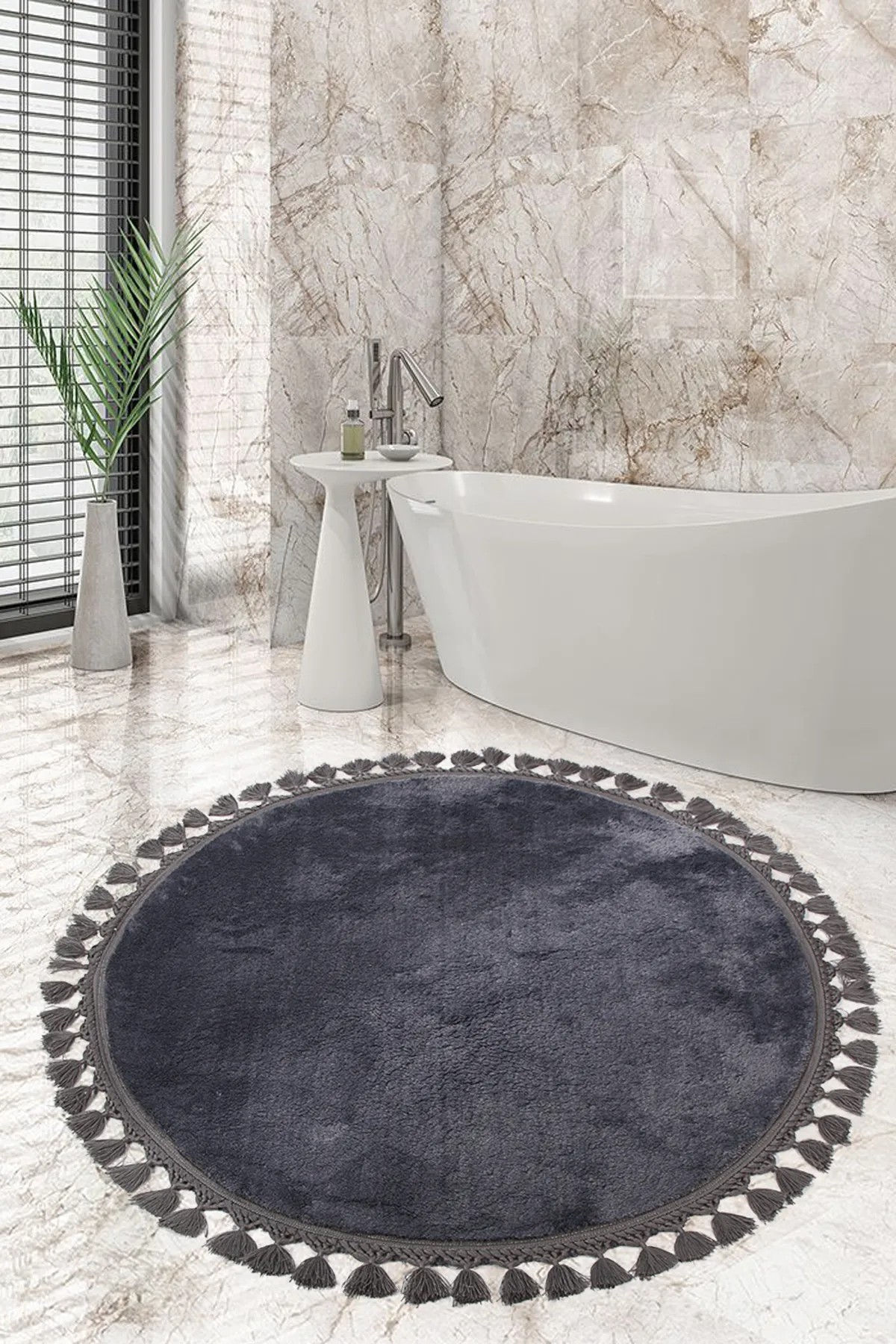 Relax Yuvarlak 120x120 Cm Ponpon Saçaklı Kaymaz Tabanlı Makinede Yıkanabilir Banyo Paspası - Antrasit