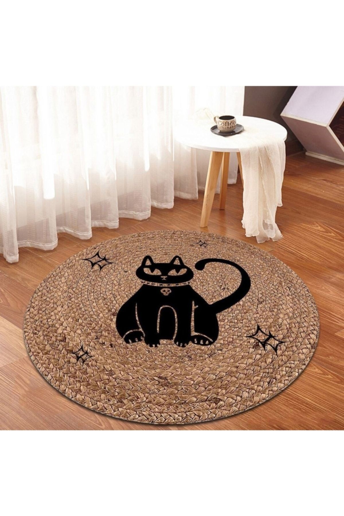 Kedi Desen Yuvarlak Jüt Hasır Halı Salon Oda Çocuk Mutfak Antre Koridor Halısı Yolluk KS-1004