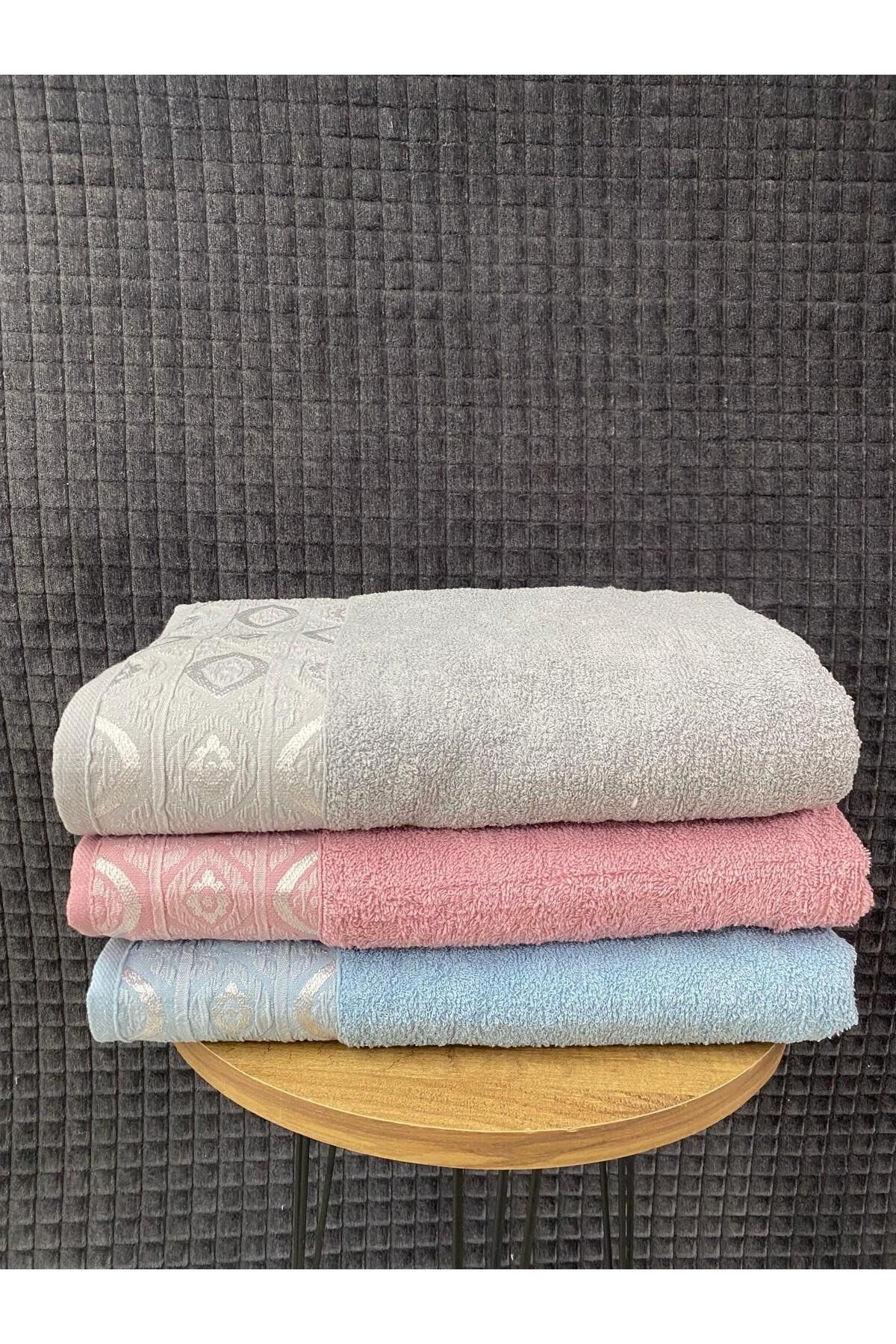 Göz desen 3’lü Banyo Havlu Seti – 100x150 cm %100 Pamuk, Yumuşak Dokulu,pudra-mavi-gri