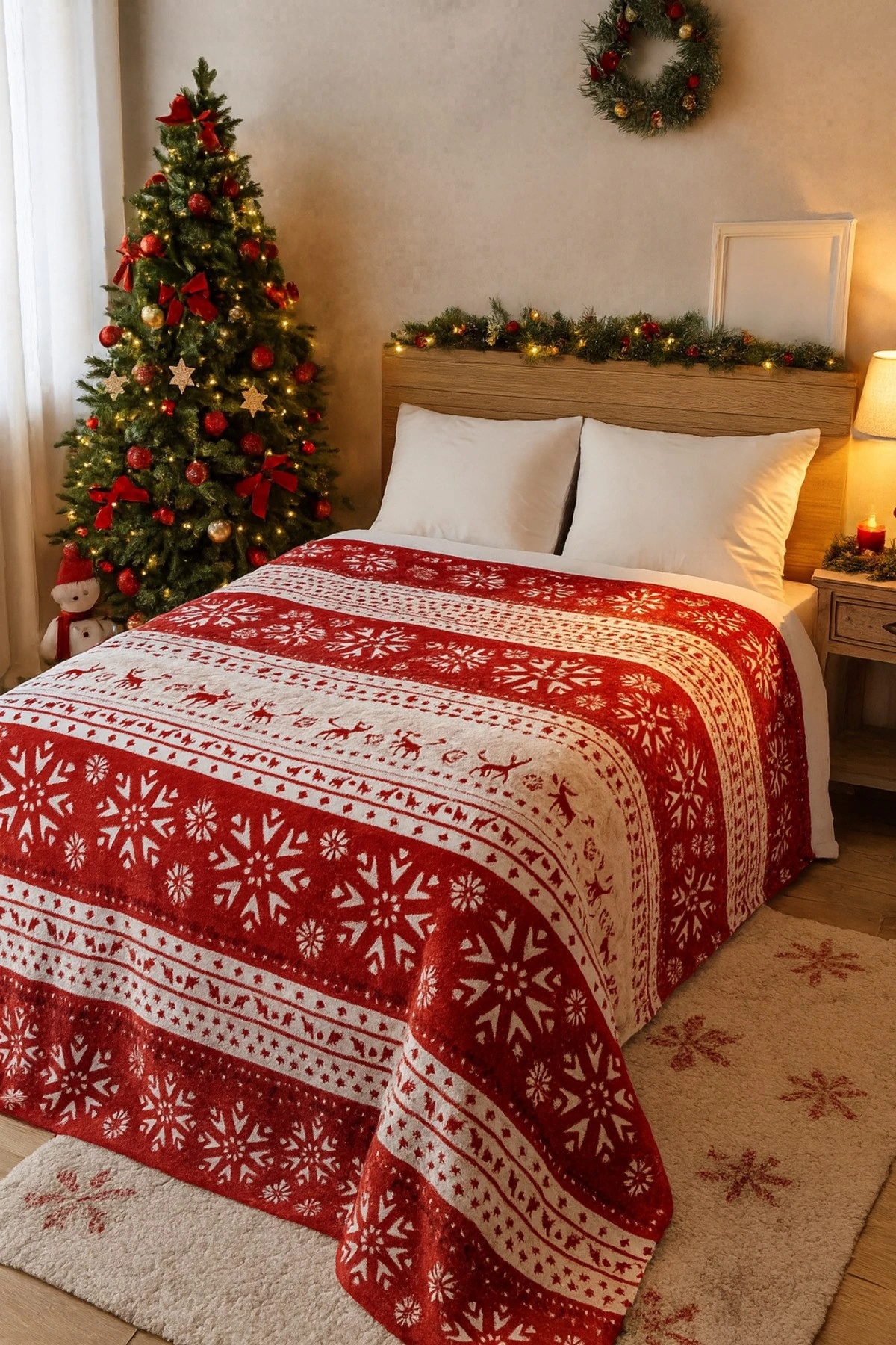 Berfu Kadife Bordo-Kırmızı Yılbaşı Desenli Tv Battaniyesi Tek Kişilik Polar Battaniye Koltuk Şalı