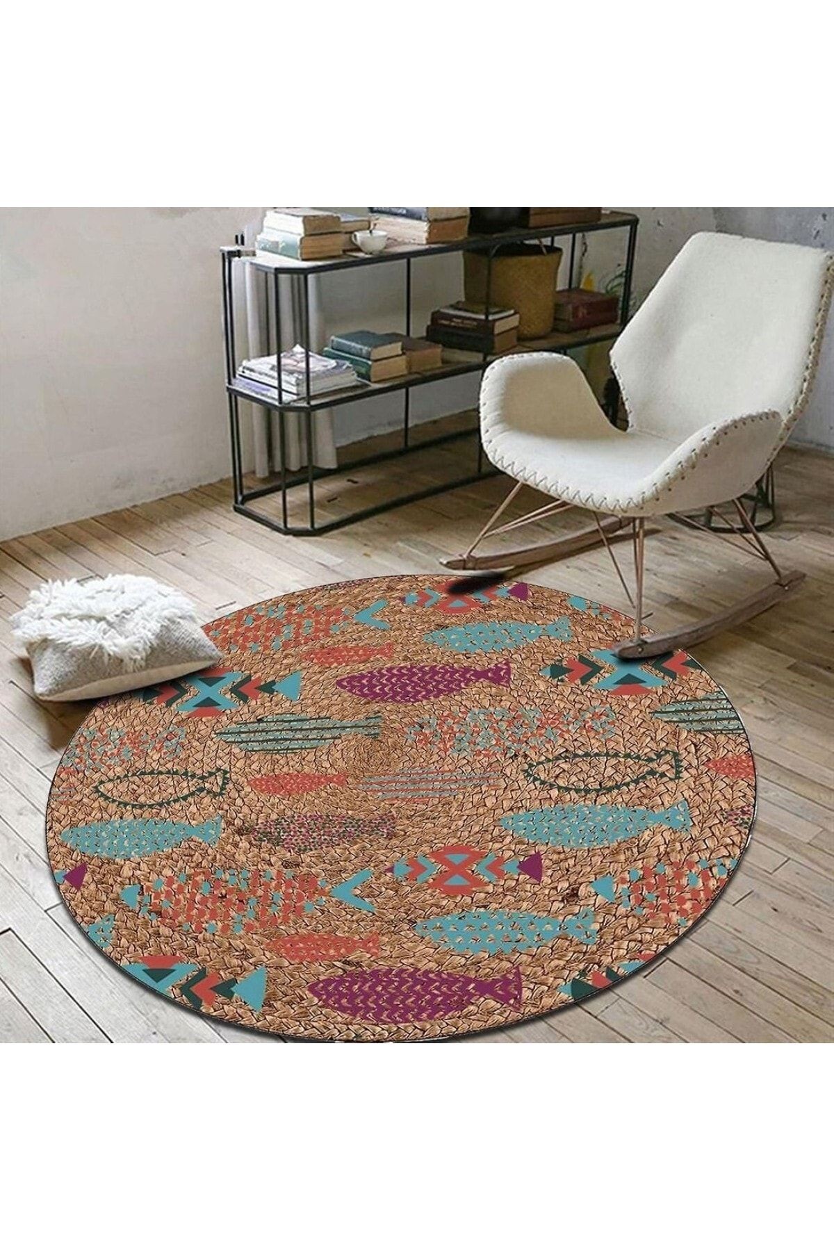 Balık Desen Yuvarlak Jüt Hasır Halı Salon Oda Çocuk Mutfak Antre Koridor Halısı Yolluk KS-1013