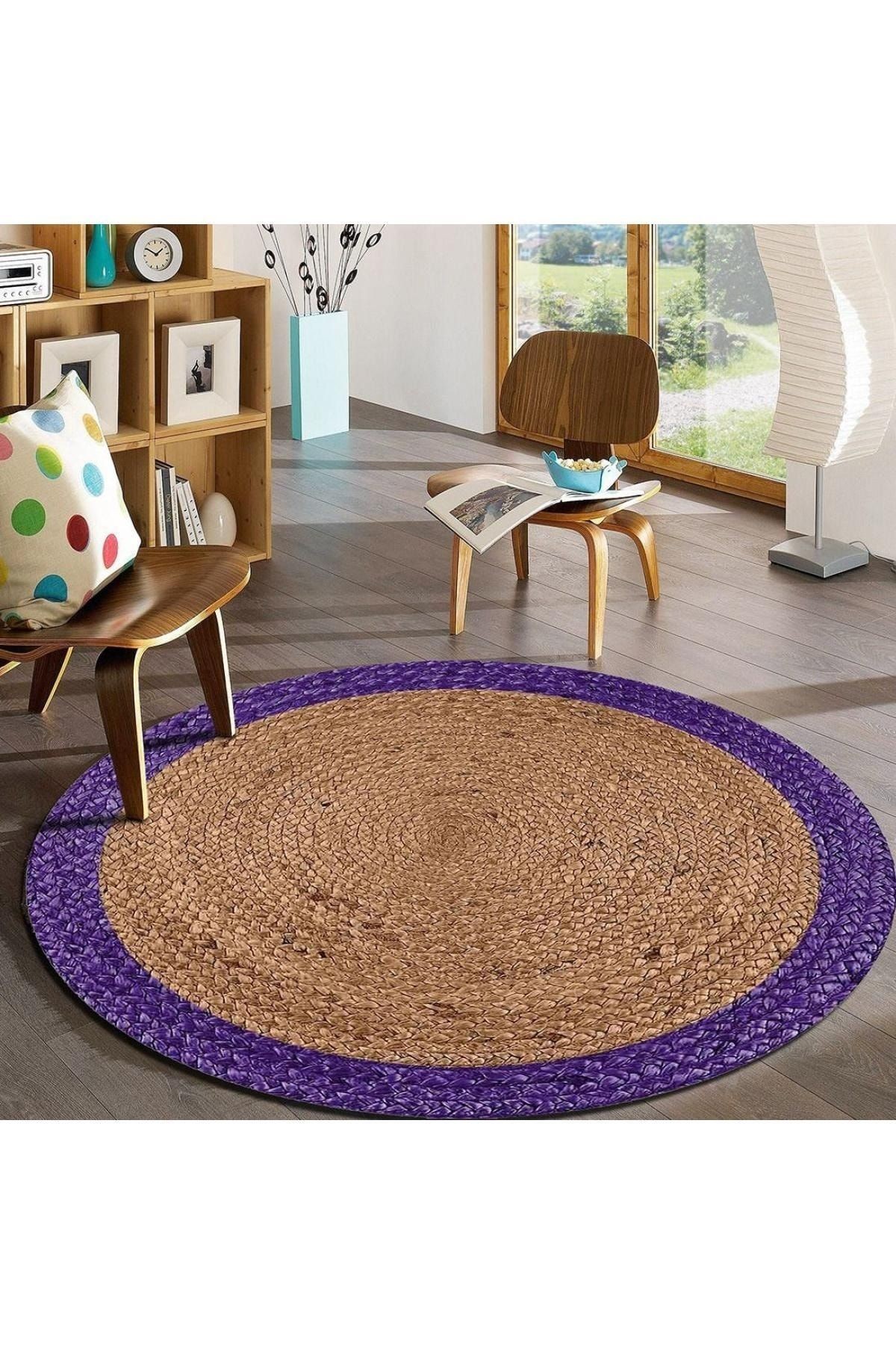 Mor & Bej Yuvarlak Jüt Hasır Halı Salon Oda Çocuk Mutfak Antre Koridor Halısı Yolluk KS-1053