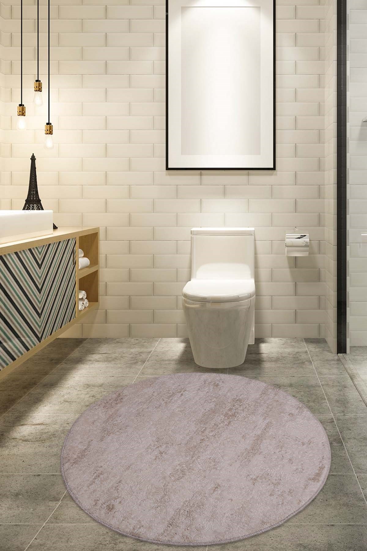 Bonny Home Nova 100x100 cm Yuvarlak Kaymaz Pamuk Taban Peluş Banyo Paspası Banyo Halısı - Krem