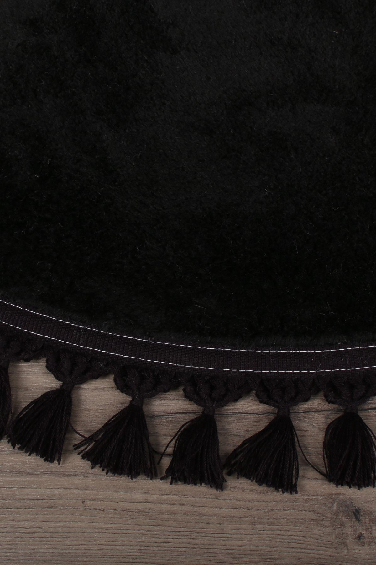 Relax Yuvarlak Ponpon Saçaklı Salon Oda Çocuk Mutfak Koridor Halısı Kaymaz Tabanlı Yumuşak Peluş Yolluk - Siyah