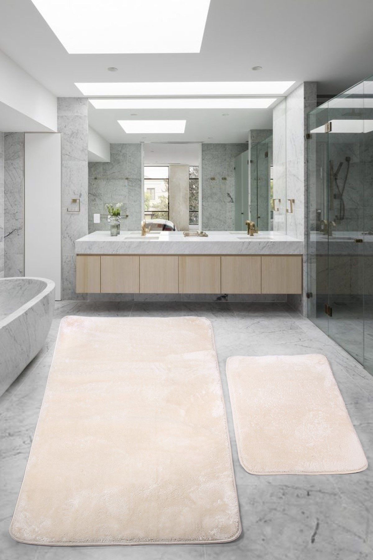Relax 80x150 + 50x80 cm Büyük Ebat 2'li Banyo Halısı Paspası Seti Kaymaz Klozet Takımı - Krem