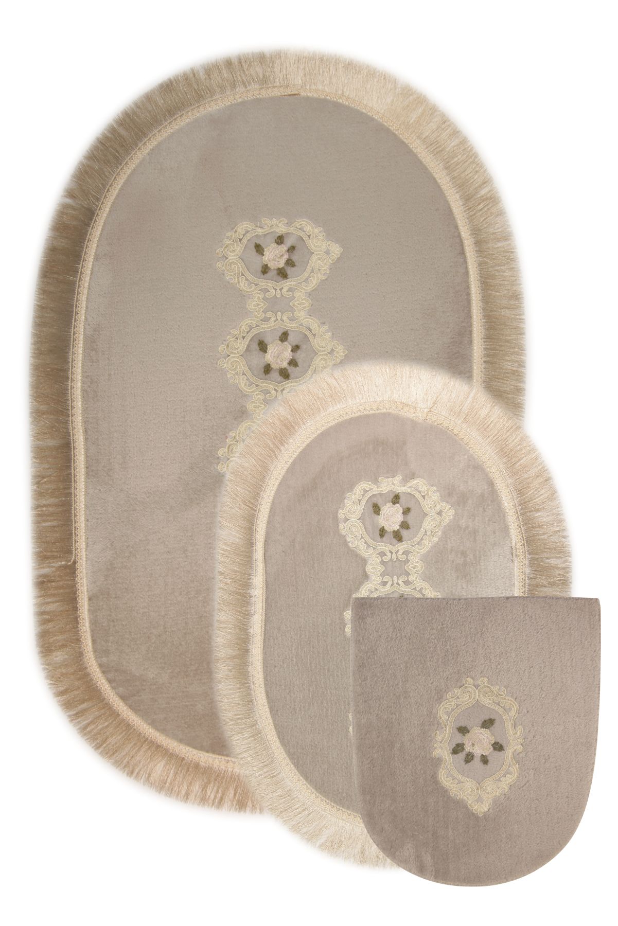 Bonny Home Shems 3lü Dantelli ve Saçaklı Klozet Takımı Banyo Halısı Paspası Seti - Gri