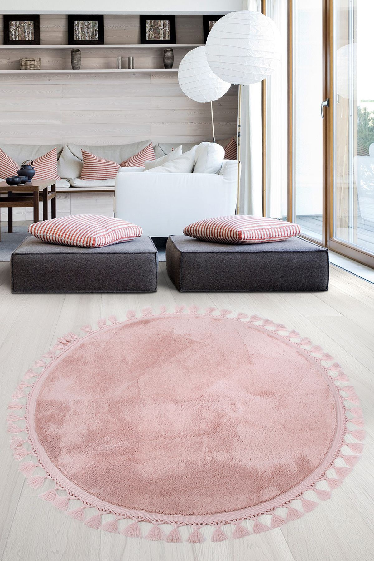 Relax Yuvarlak Ponpon Saçaklı Salon Oda Çocuk Mutfak Koridor Halısı Kaymaz Tabanlı Yumuşak Peluş Yolluk - Pembe
