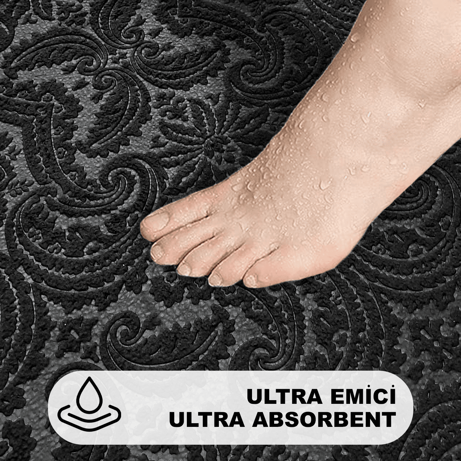 Bonny Home 3’lü UltraSoft Desenli Klozet Takımı Banyo Halısı Paspas Seti - Siyah