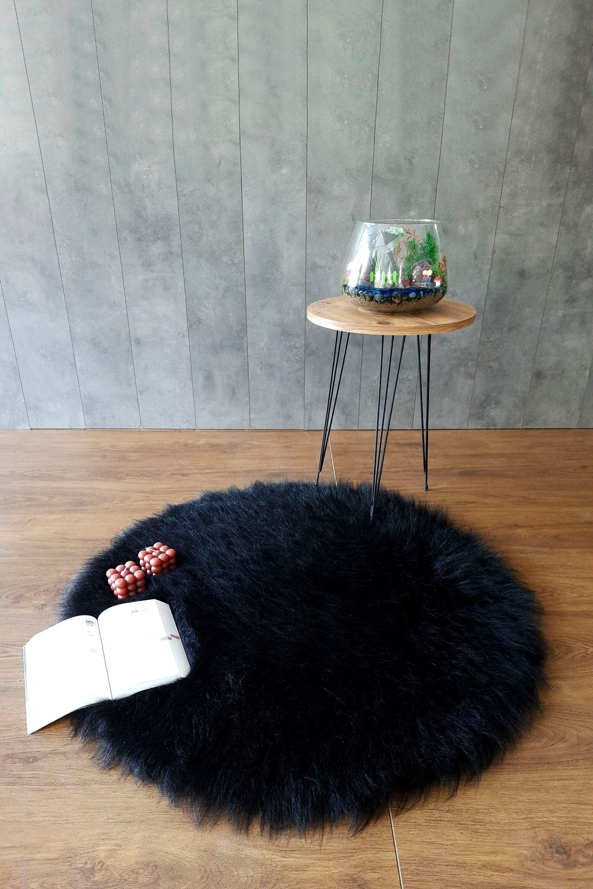 Kürk Halı Yuvarlak Puf Peluş Post Tüylü Puffy Kaymaz Yumuşak Shaggy Dekoratif Salon Oda Mutfak Çocuk Yatak Odası Halısı Yolluk - Siyah