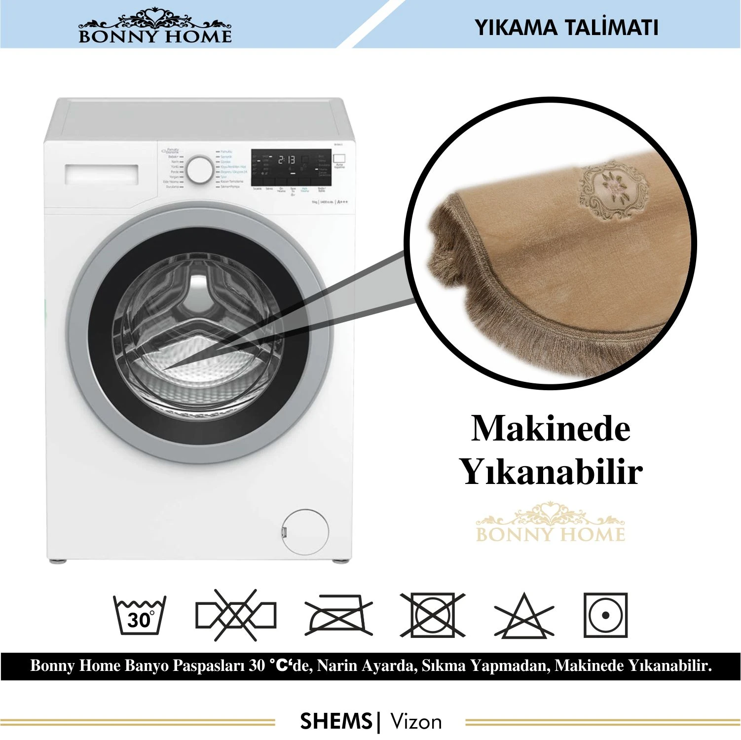 Bonny Home Shems 3lü Dantelli ve Saçaklı Klozet Takımı Banyo Halısı Paspası Seti - Vizon