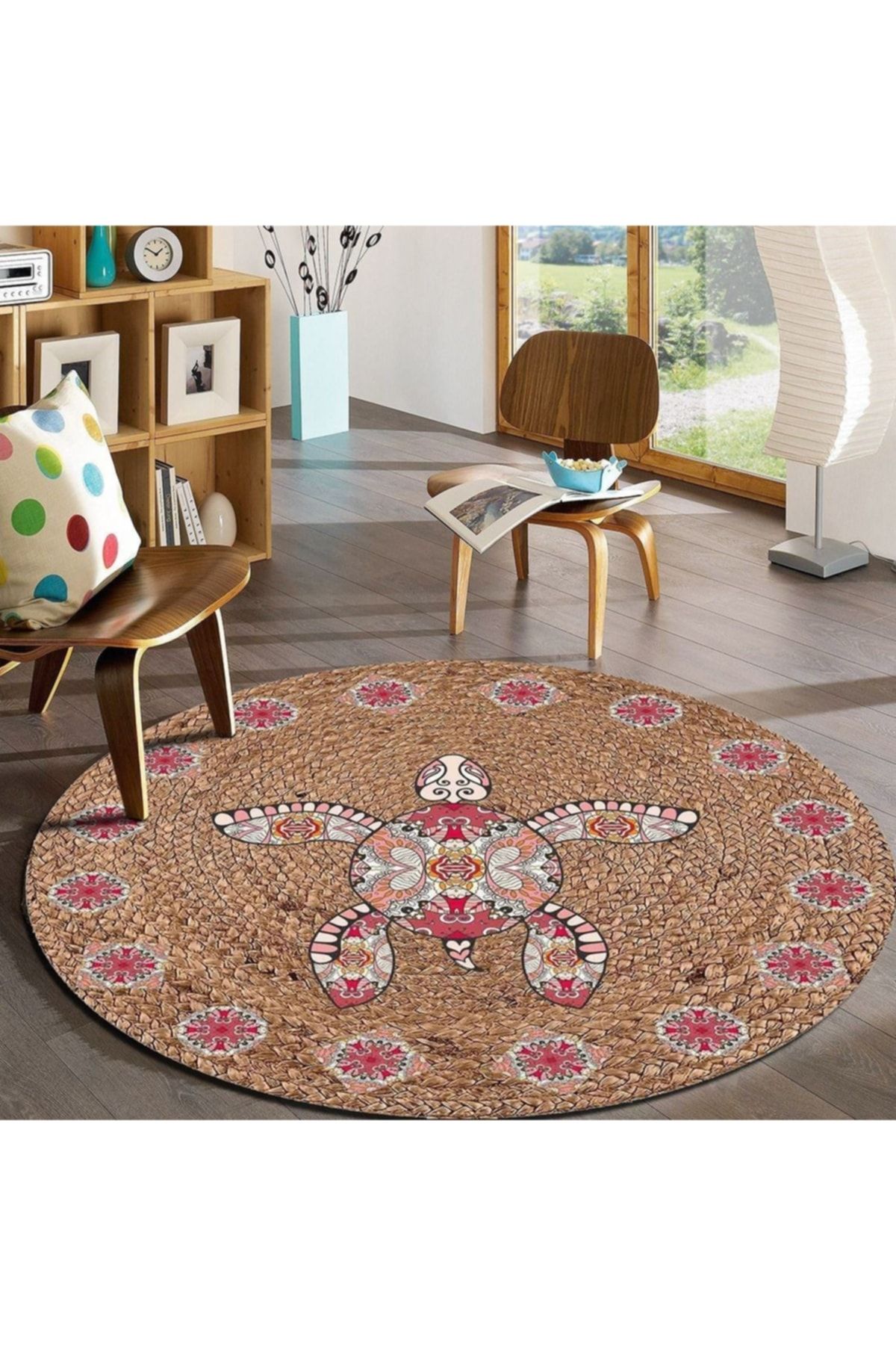 Pembe Kaplumba Desen Yuvarlak Jüt Hasır Halı Salon Oda Çocuk Mutfak Antre Koridor Halısı Yolluk KS-1040