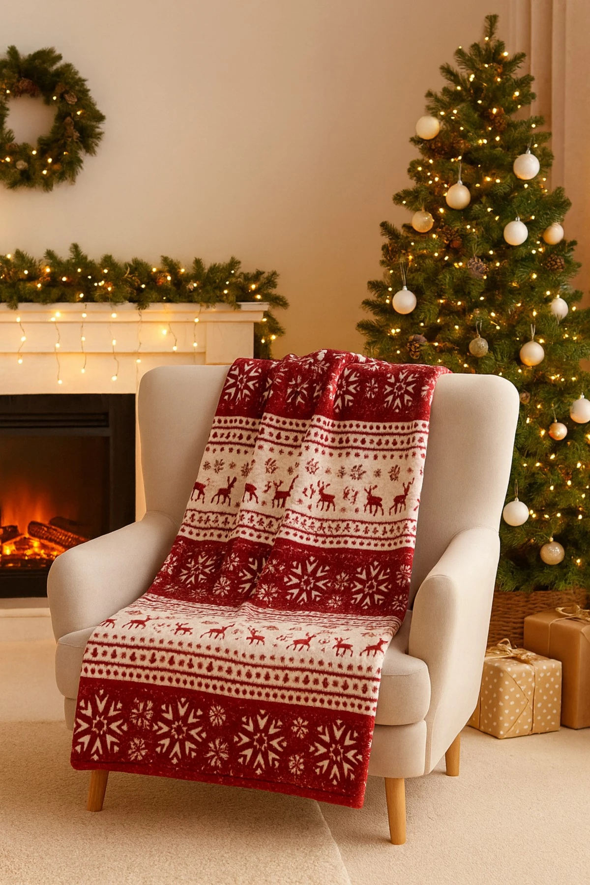 Berfu Kadife Bordo-Kırmızı Yılbaşı Desenli Tv Battaniyesi Tek Kişilik Polar Battaniye Koltuk Şalı