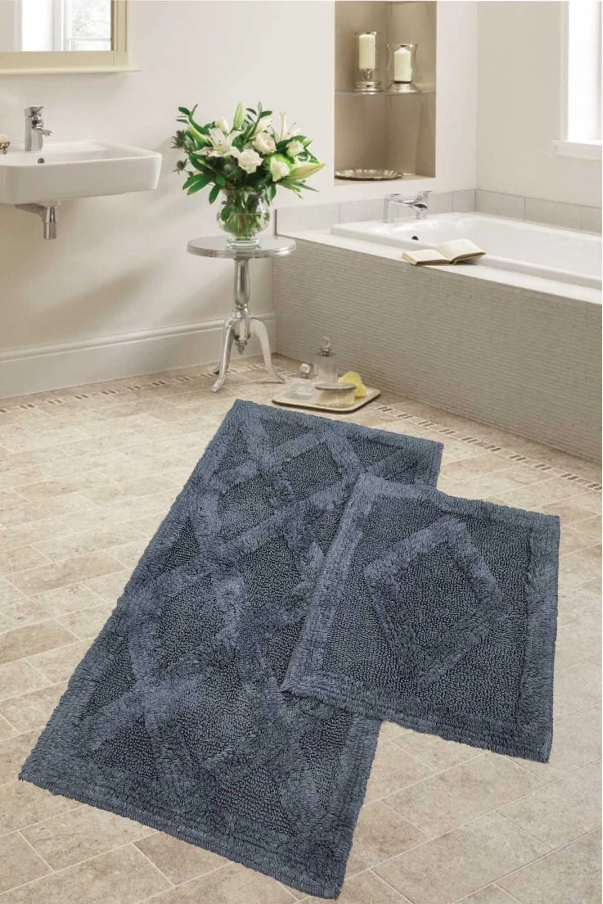 Karo Tufting Naturel Pamuk 2'li Banyo Paspası Seti Makinede Yıkanabilir Klozet Takımı - Antrasit