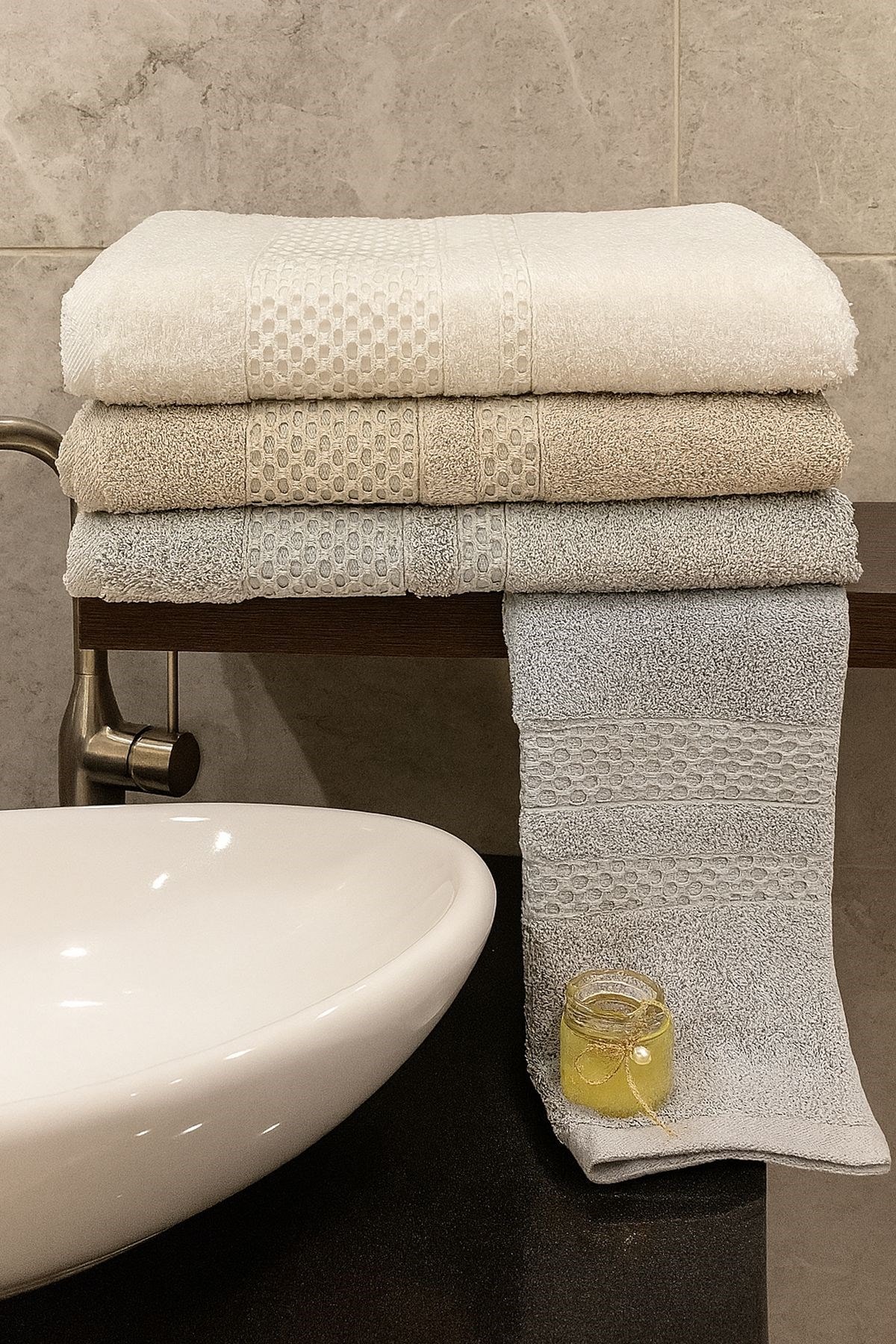 Waffle 3’lü Banyo Havlusu Seti – 3 Adet 100x150 cm, %100 Pamuk, Yumuşak Dokulu, Örgü Desenli Havlu