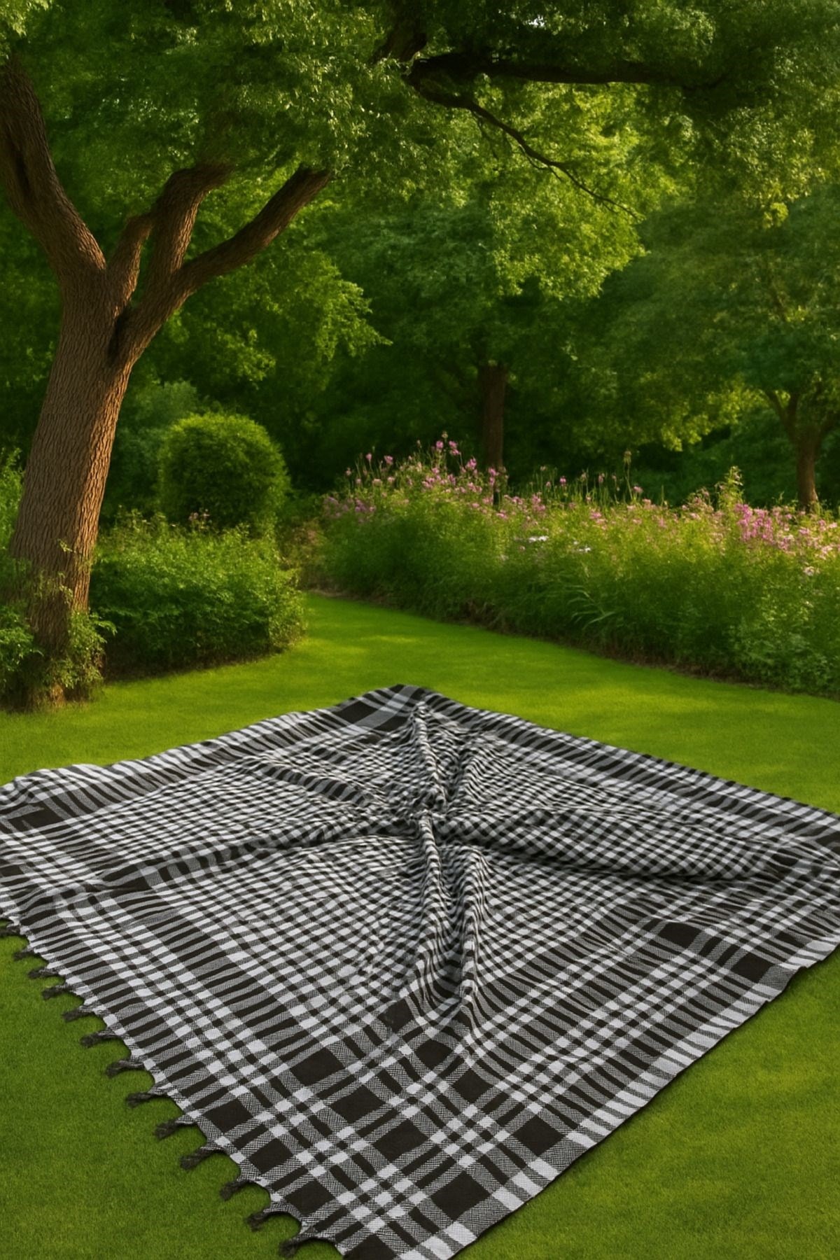 Saçaklı Piti Kareli Masa Örtüsü 150x150 cm – Sofra & Piknik İçin Çok Amaçlı Örtü