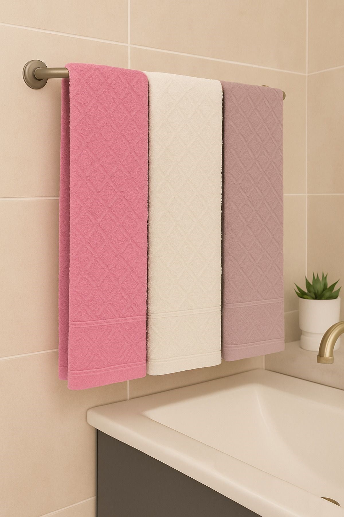 Karo 3’lü Banyo Havlu Seti – 100x150 cm %100 Pamuk, Yumuşak Dokulu,Örgü Desen