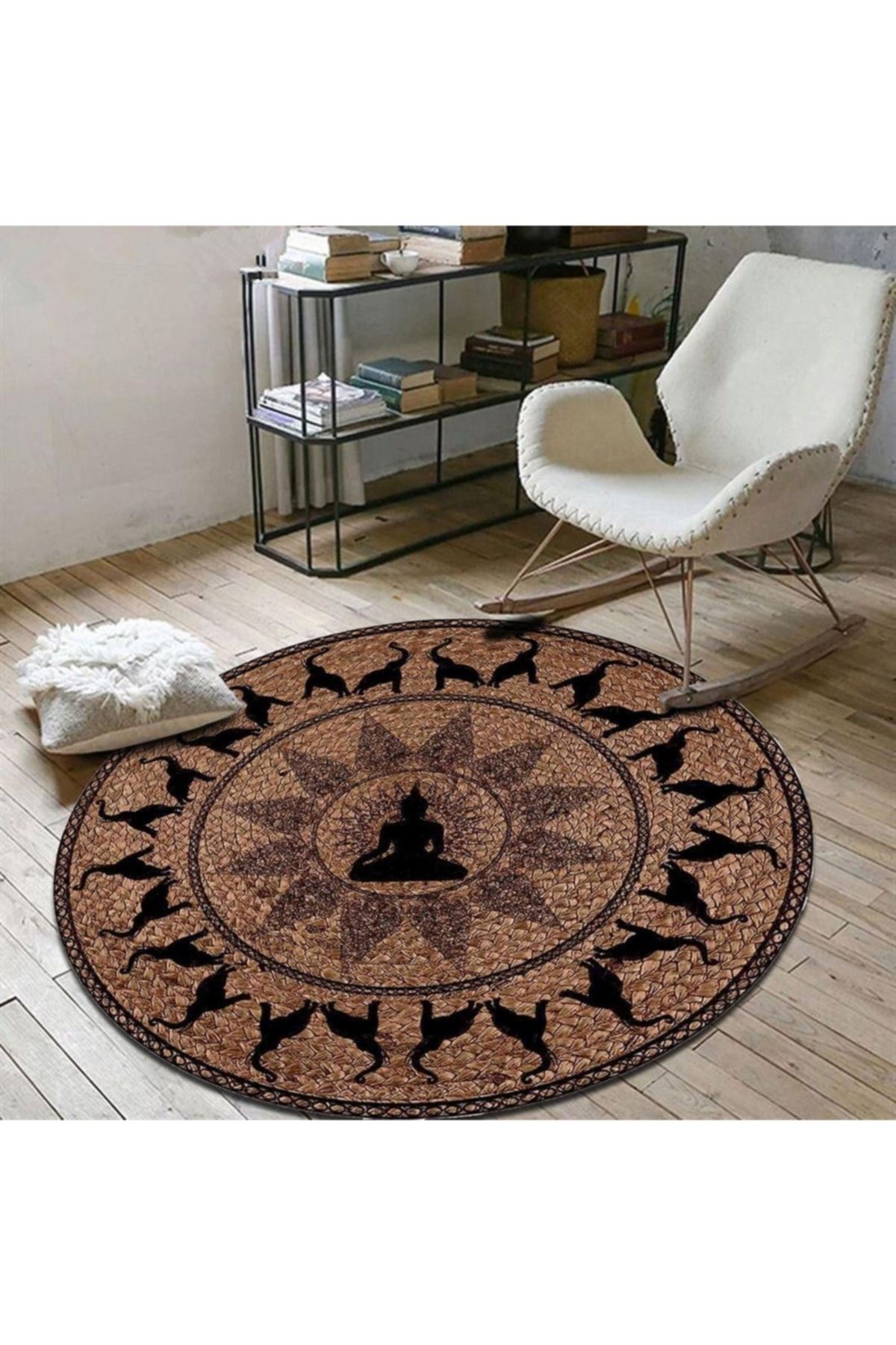 Yoga & Fil Desenli Yuvarlak Jüt Hasır Halı Salon Oda Çocuk Mutfak Antre Koridor Halısı Yolluk KS-1033