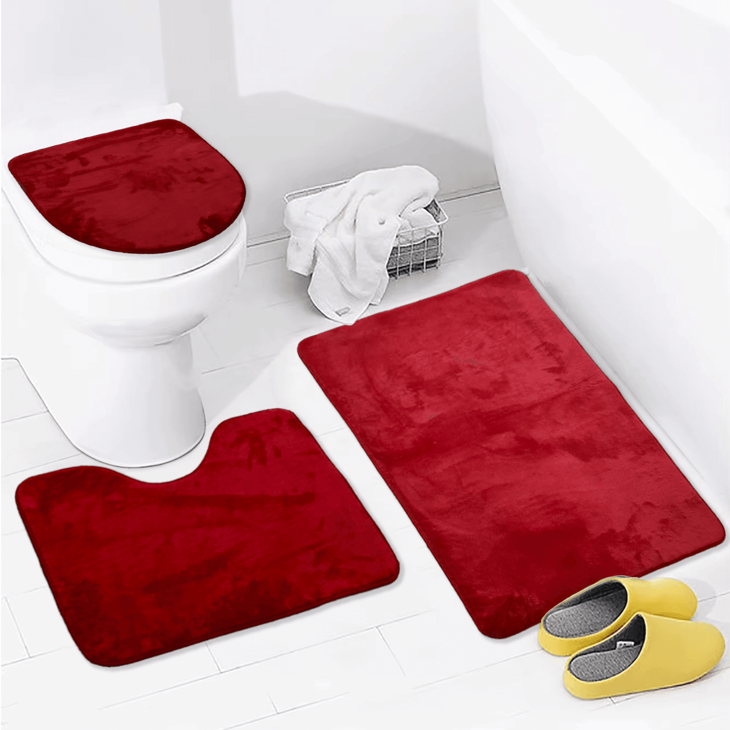 Bonny Home Unicolor Düz 3lü Banyo Paspası Halısı Seti Kaymaz Klozet Takımı - Kırmızı