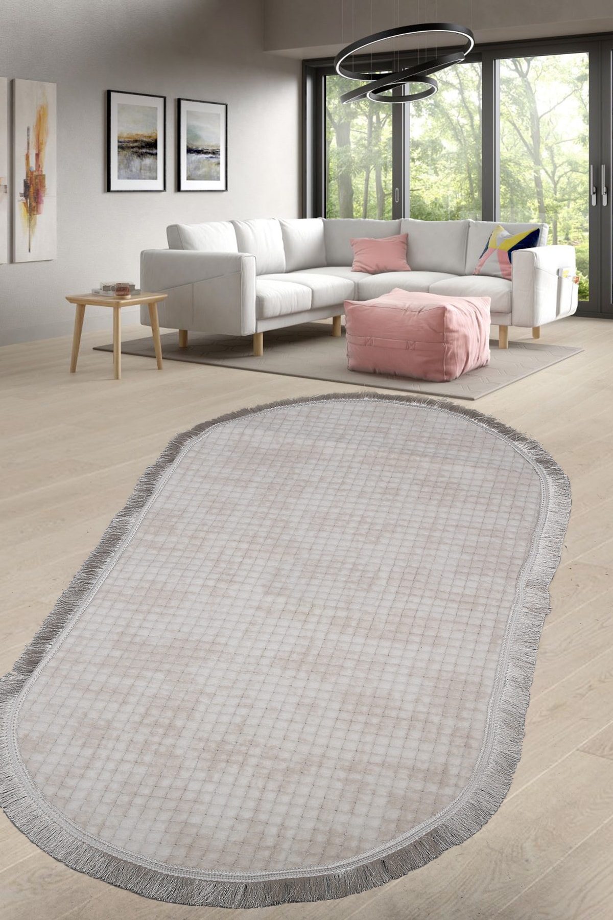 Kare Plus Oval Spor Saçaklı Salon Oda Çocuk Mutfak Antre Koridor Halısı Kaymaz Yıkanabilir Peluş Kesme Halı Yolluk - Krem