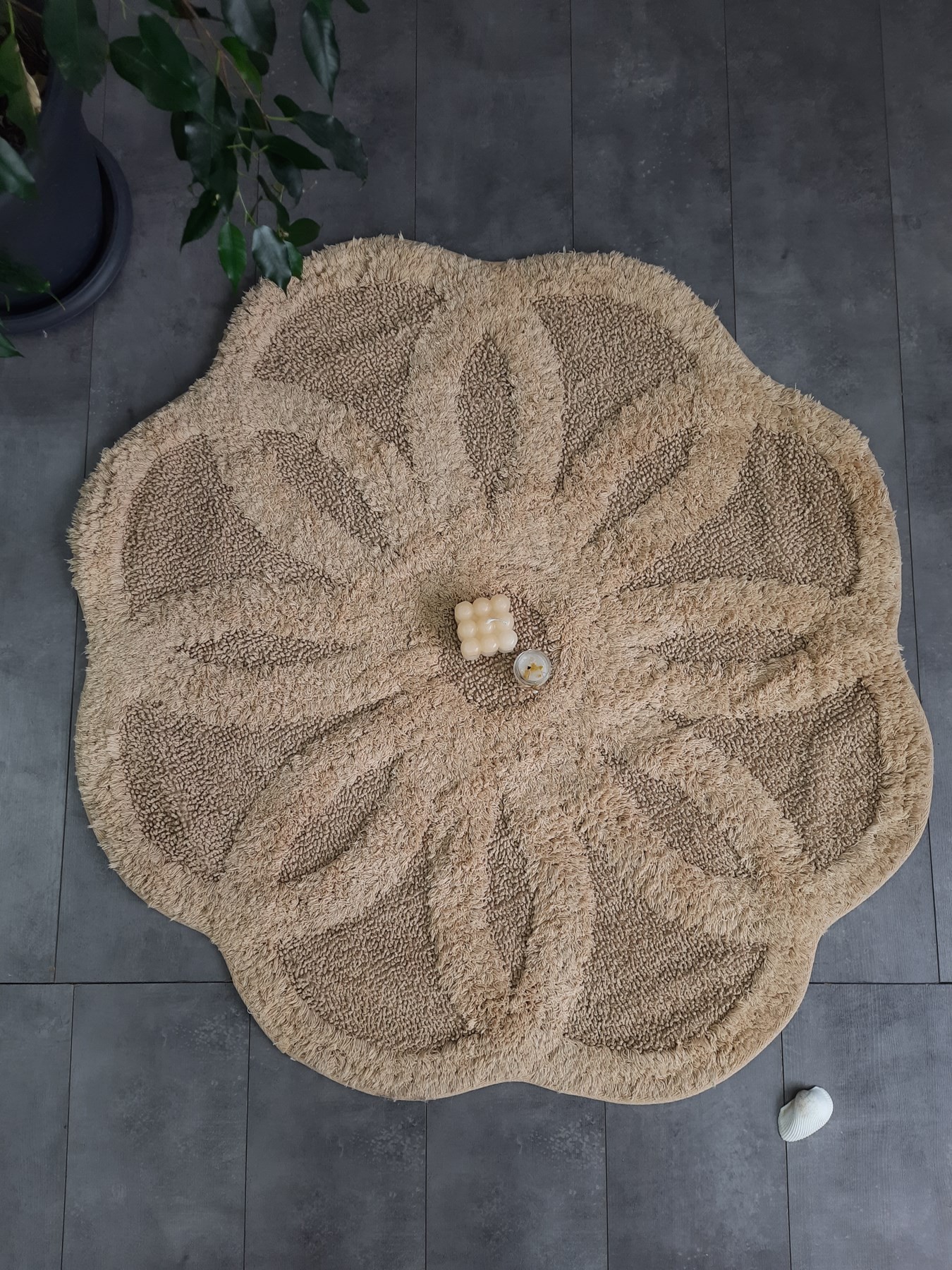 Papatya Tufting Pamuk Banyo Paspası 100x100 cm Tek Parça Pamuk Dokuma Paspas - Bej