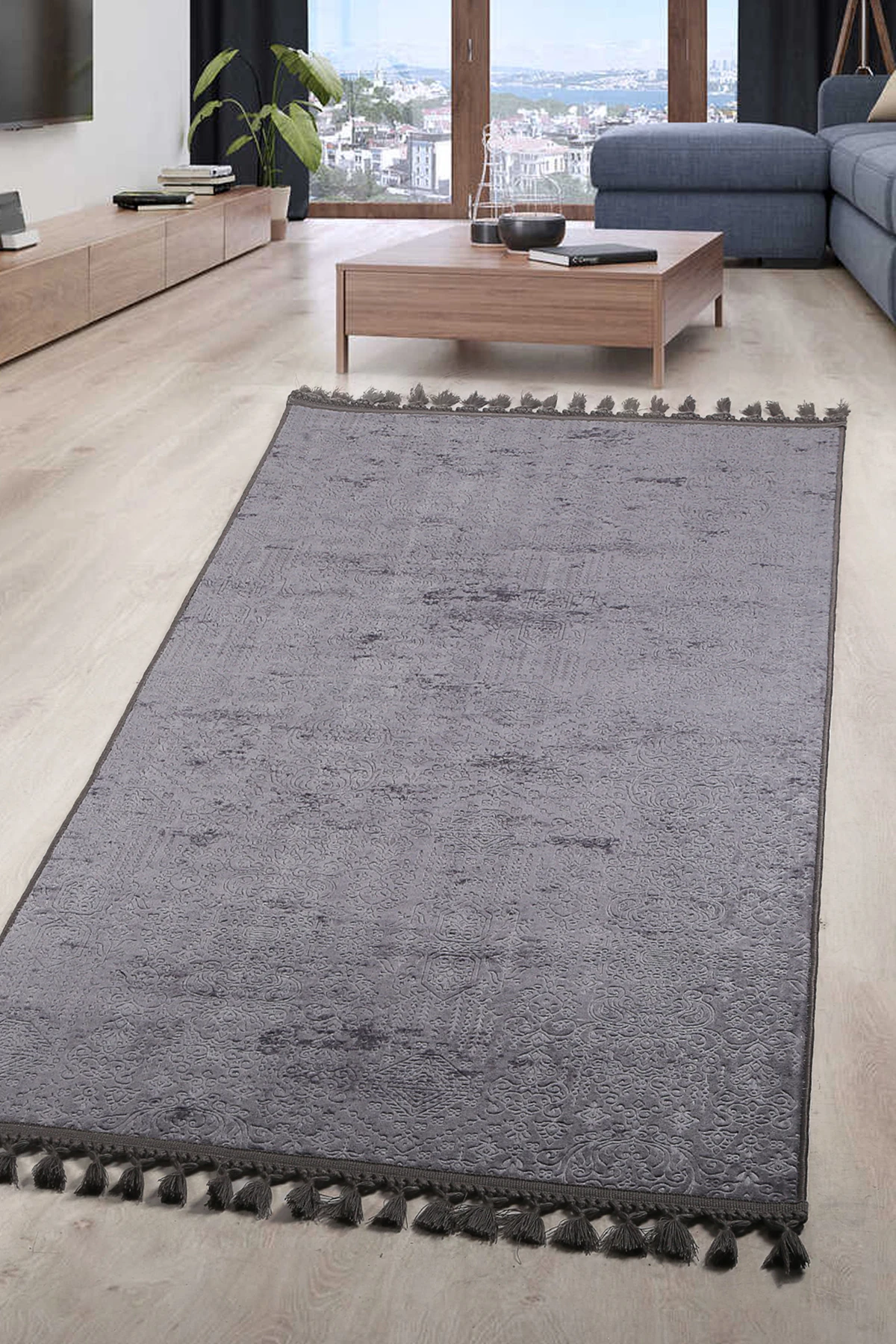 Nova Ponpon Saçaklı Kaymaz Tabanlı Salon Oda Çocuk Mutfak Koridor Halısı Makinede Yıkanabilir Püsküllü Yumuşak Kesme Yolluk - Antrasit