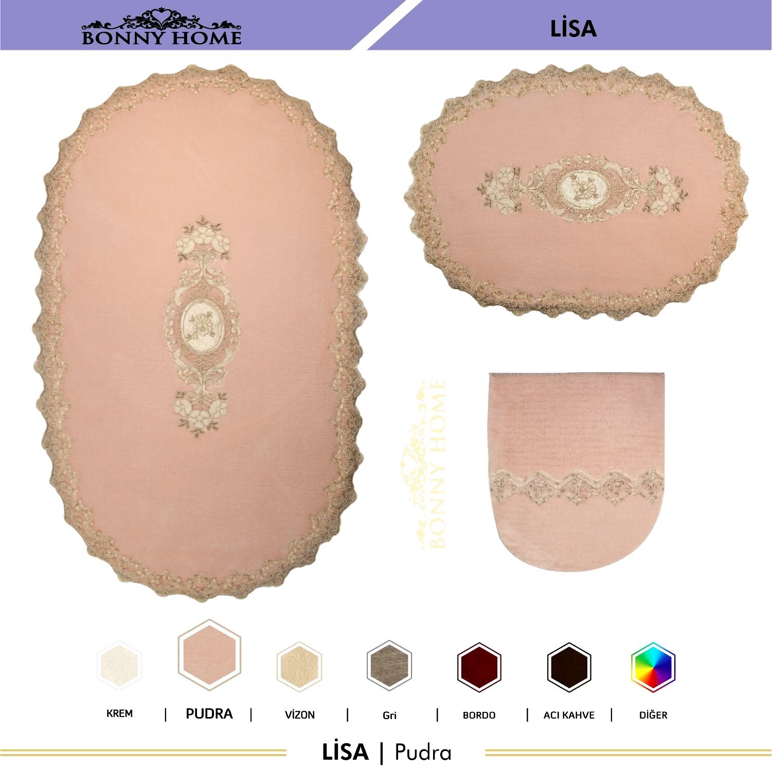 Bonny Home Lisa 3lü Dantelli Klozet Takımı Çeyizlik Banyo Halısı Paspası Seti - Pudra