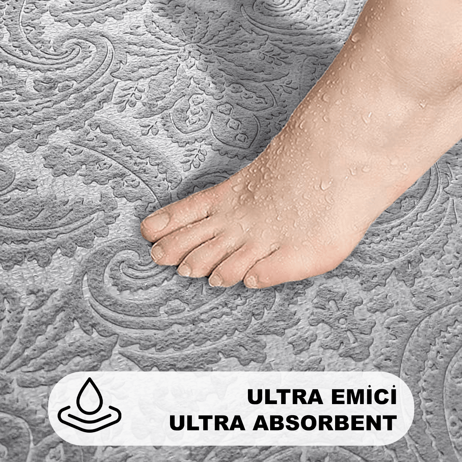 Bonny Home 3’lü UltraSoft Desenli Klozet Takımı Banyo Halısı Paspas Seti - Gri