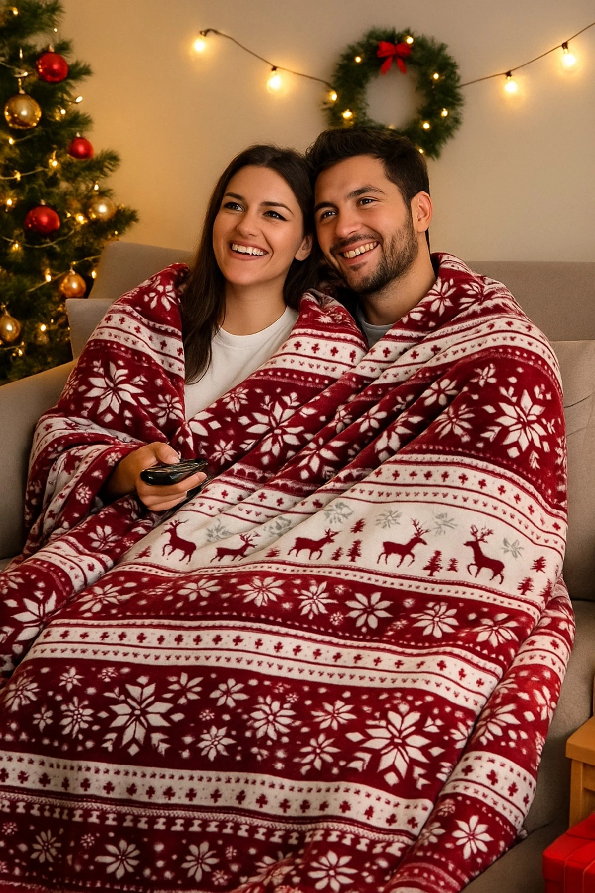 Berfu Kadife Bordo-Kırmızı Yılbaşı Desenli Tv Battaniyesi Çift Kişilik Polar Battaniye Koltuk Şalı