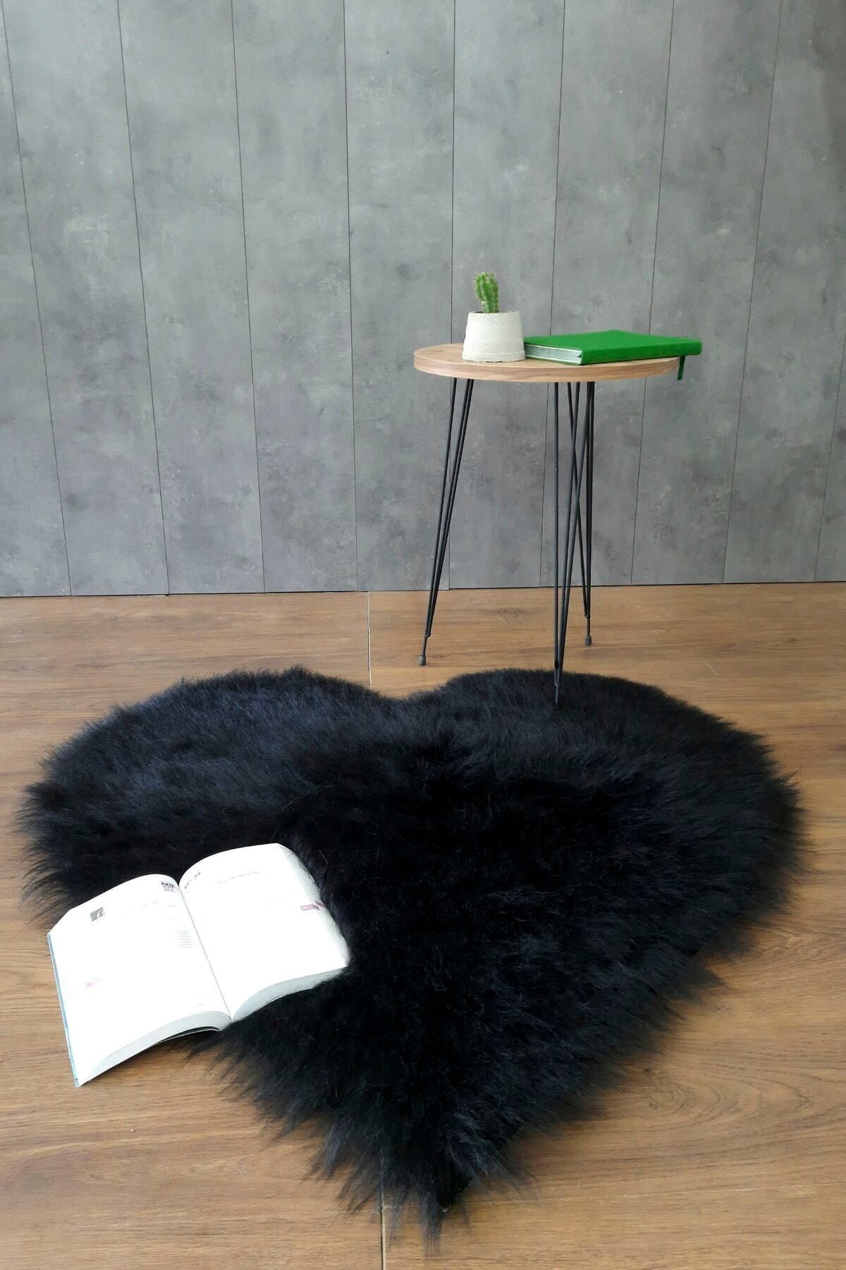 Kürk Halı Kalp Puf Peluş Post Tüylü Puffy Kaymaz Yumuşak Shaggy Dekoratif Salon Oda Mutfak Çocuk Yatak Odası Halısı Yolluk - Siyah
