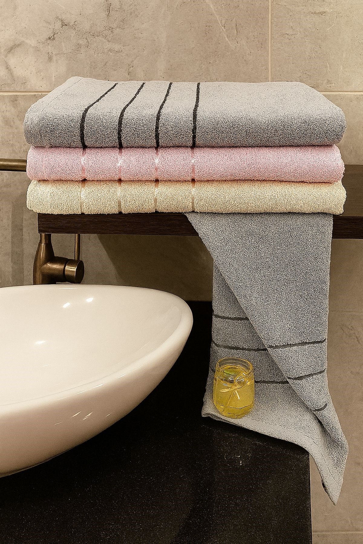 Line 3’lü Banyo Havlu Seti – 100x150 cm %100 Pamuk, Yumuşak Dokulu,Çizgili Desenli