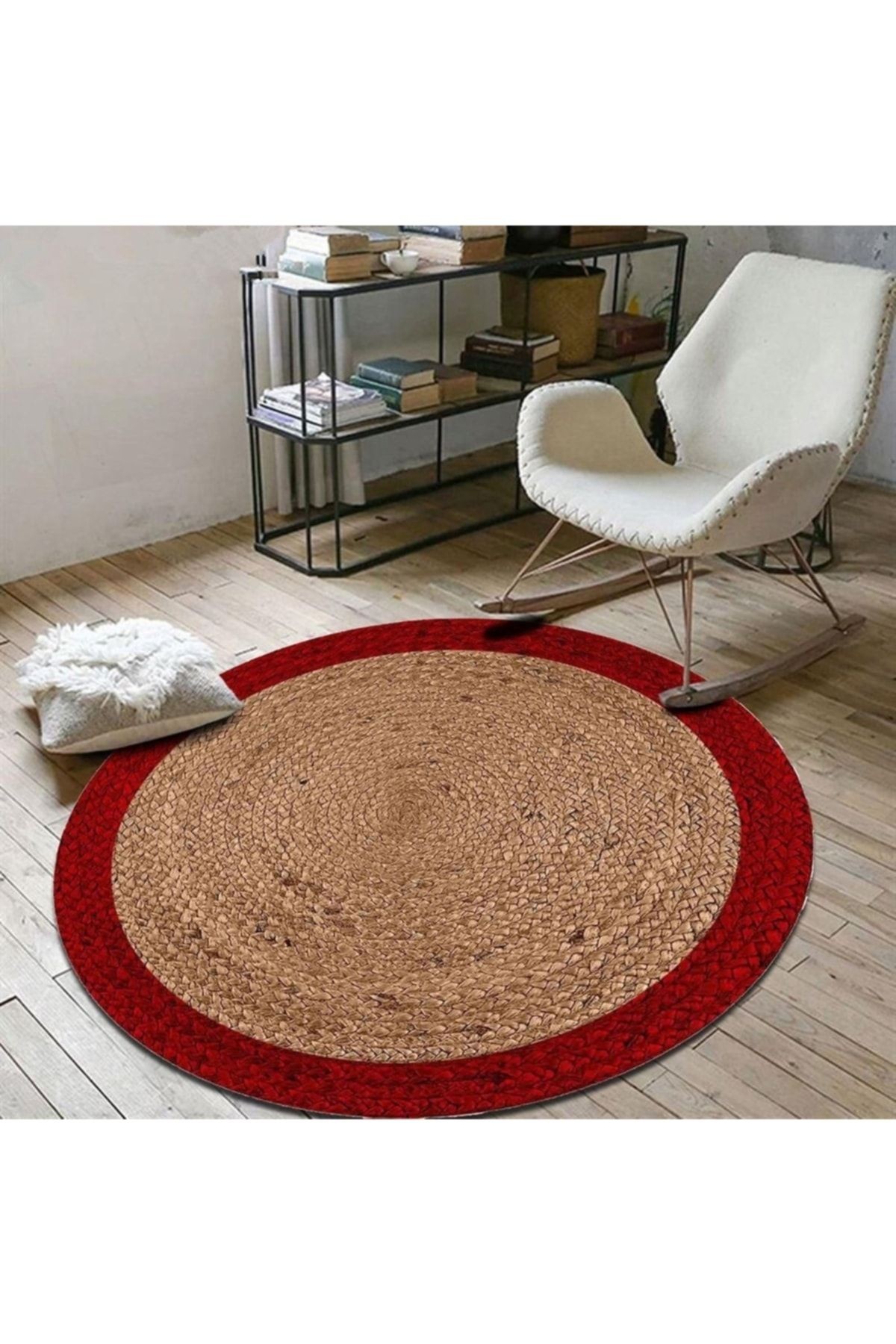 Kırmızı & Bej Açık Bej Yuvarlak Jüt Hasır Halı Salon Oda Çocuk Mutfak Antre Koridor Halısı Yolluk KS-1008