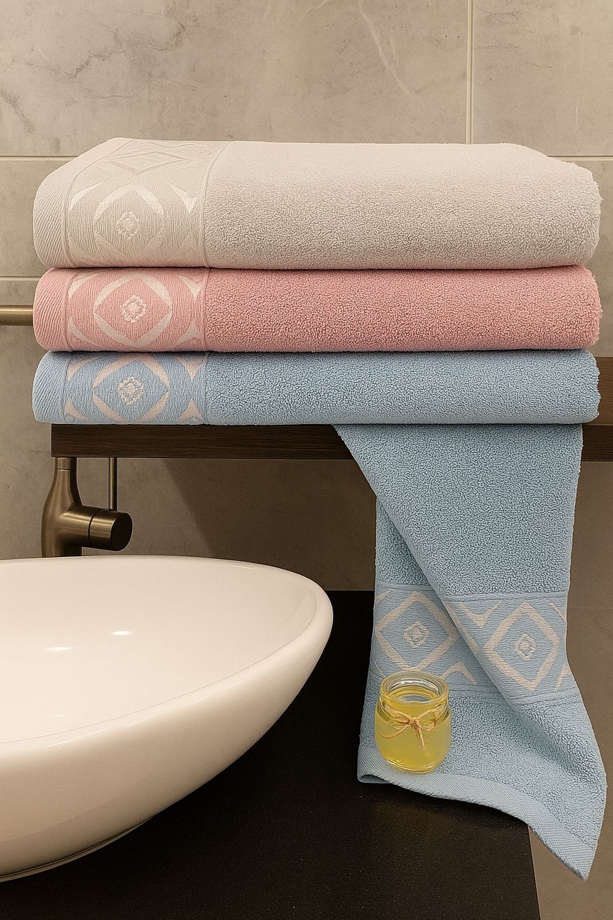 Göz desen 3’lü Banyo Havlu Seti – 100x150 cm %100 Pamuk, Yumuşak Dokulu,pudra-mavi-gri