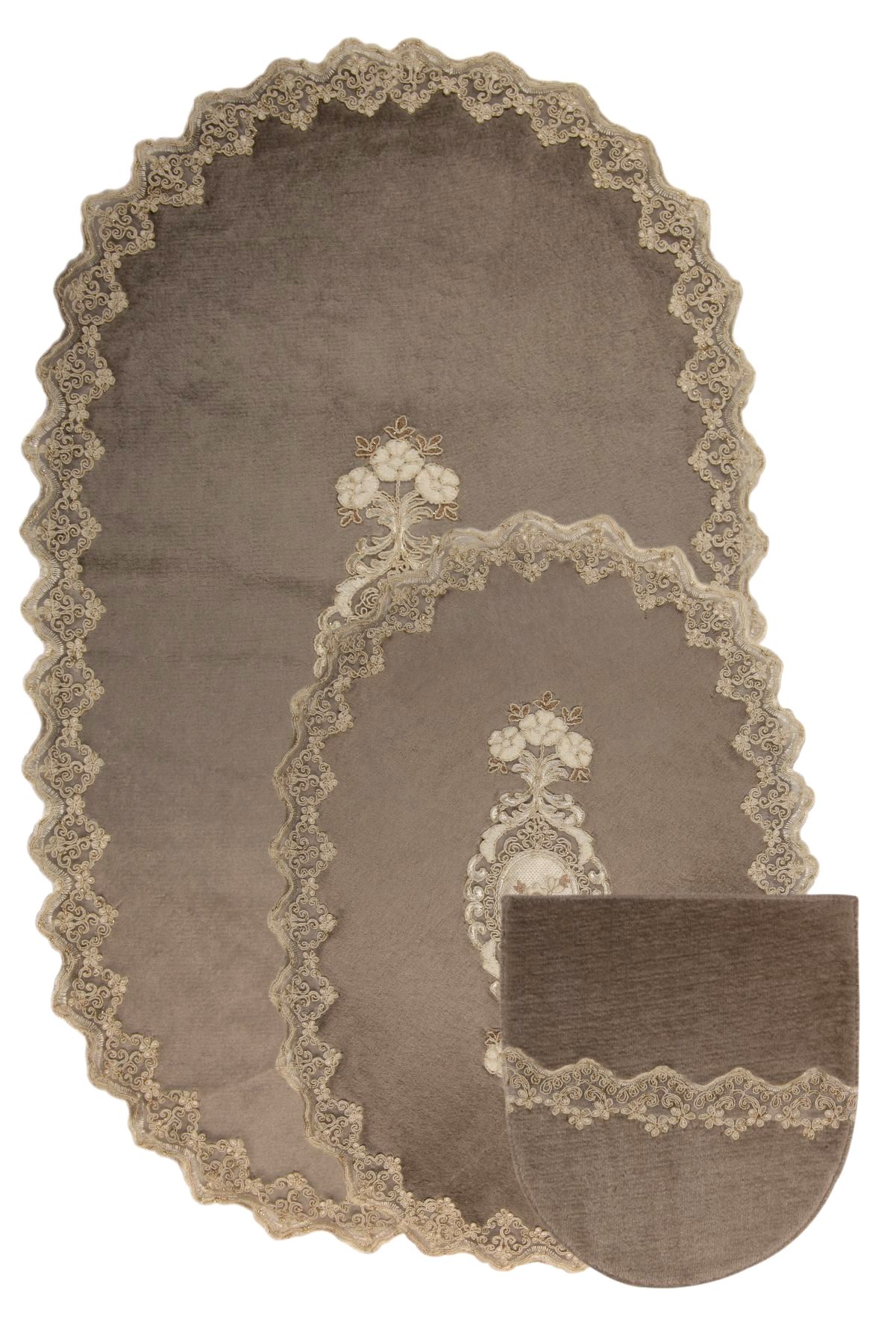 Bonny Home Lisa 3lü Dantelli Klozet Takımı Çeyizlik Banyo Halısı Paspası Seti - Gri