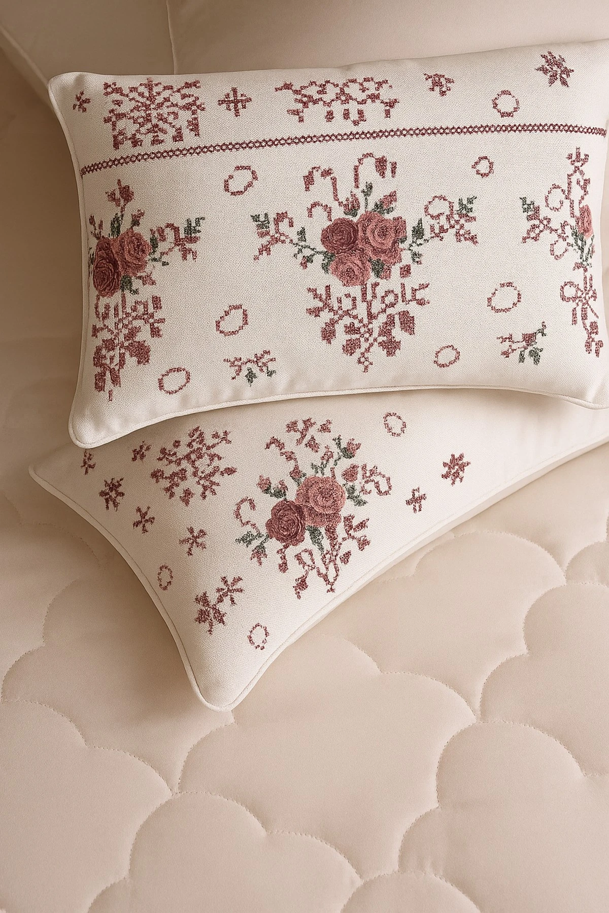 Rosina Turkuaz Desenli 2 li Yastık Kılıfı Pamuklu Kumaş Fermuarlı