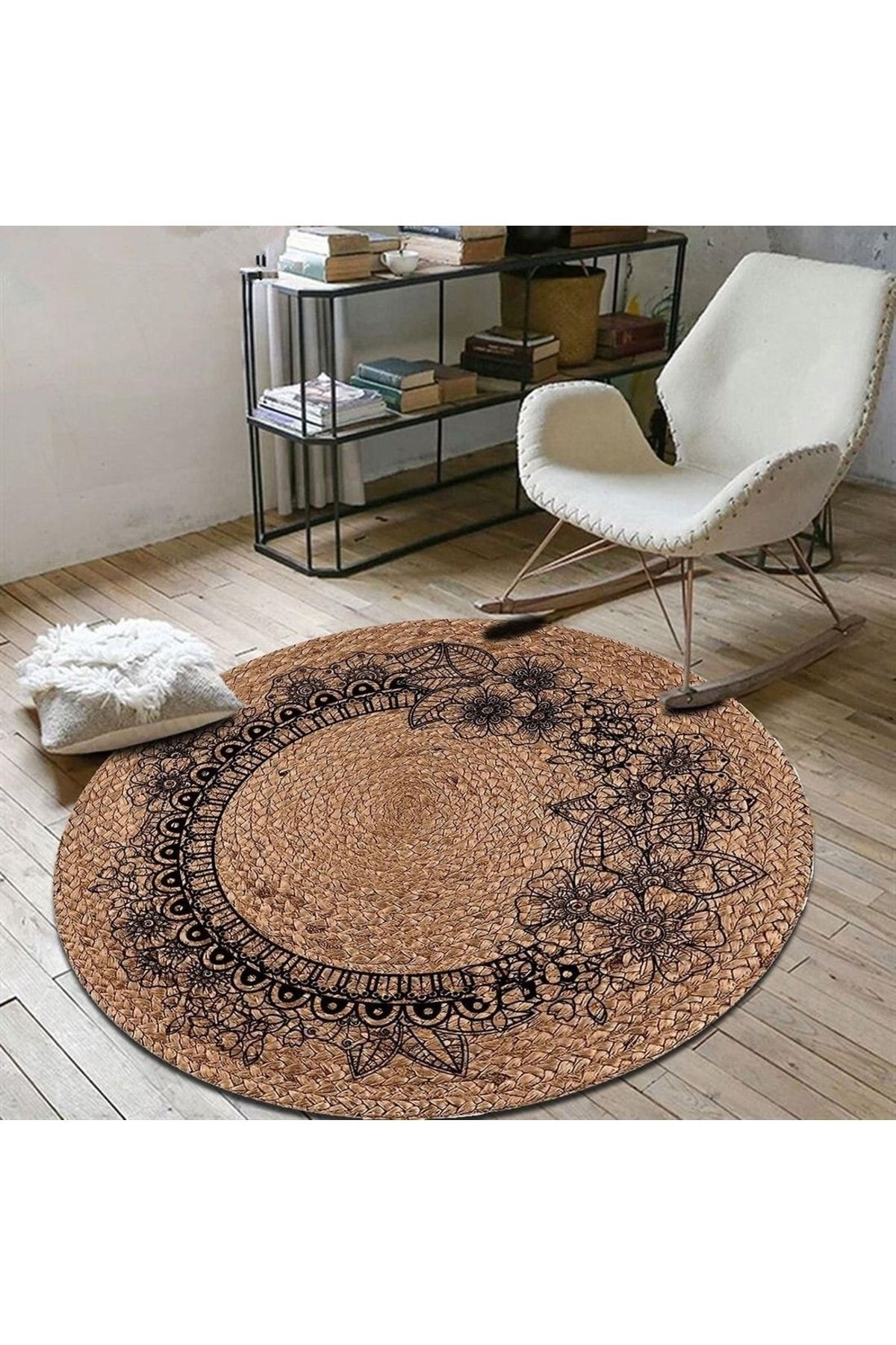 Çiçek Desen Yuvarlak Jüt Hasır Halı Salon Oda Çocuk Mutfak Antre Koridor Halısı Yolluk KS-1016