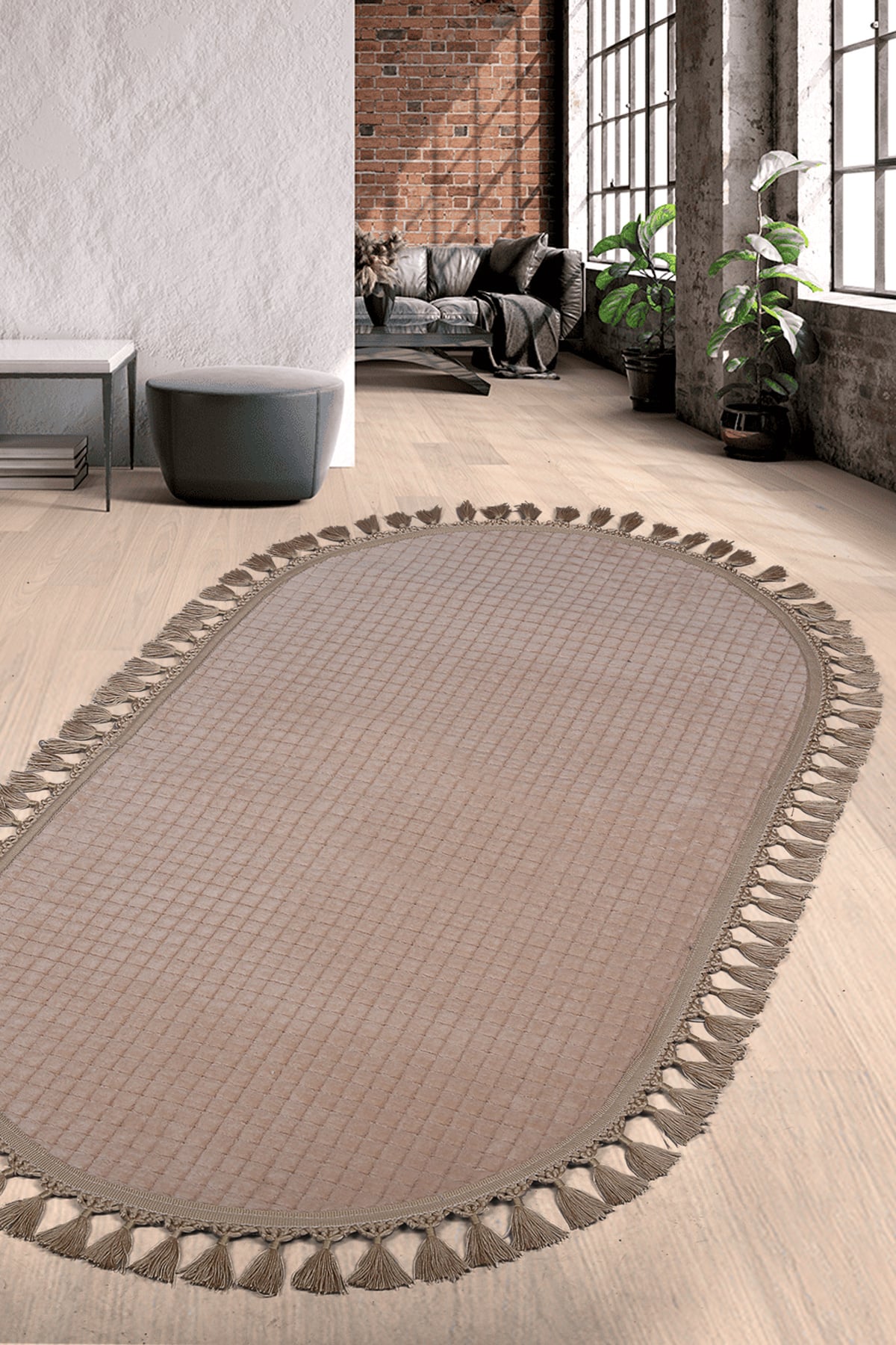 Kare Plus Oval Ponpon Saçaklı Salon Oda Çocuk Mutfak Antre Koridor Halısı Kaymaz Tabanlı Yıkanabilir Peluş Halı Yolluk - Vizon