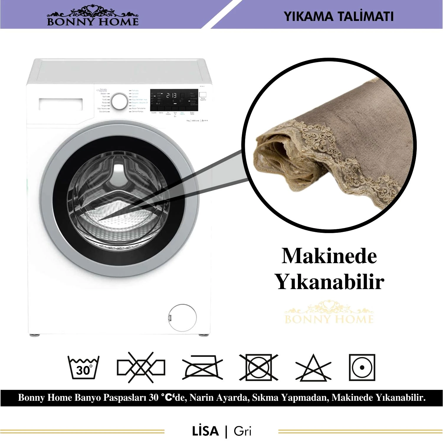 Bonny Home Lisa 3lü Dantelli Klozet Takımı Çeyizlik Banyo Halısı Paspası Seti - Gri