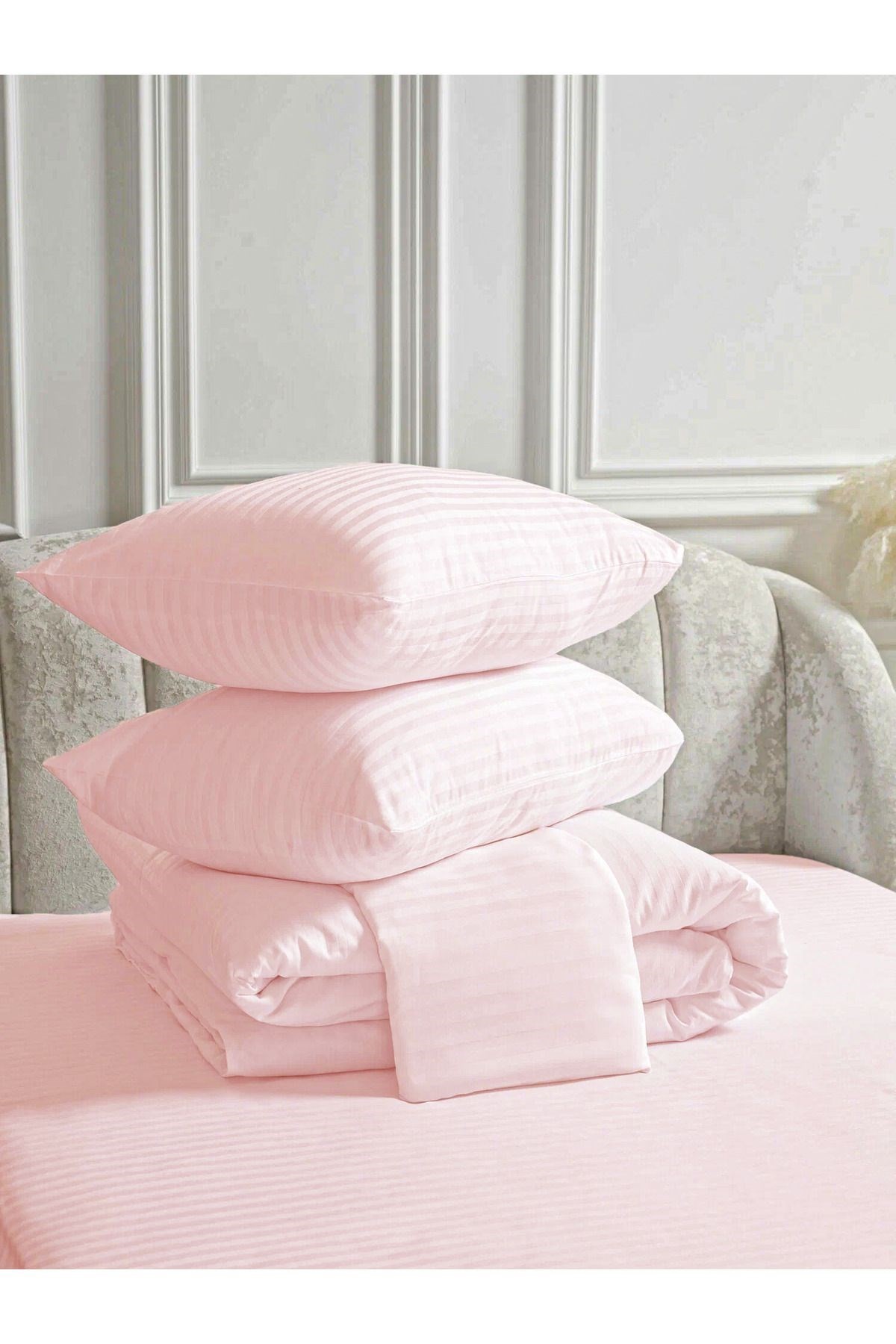 Line Pamuk Saten Çift Kişilik Nevresim Takımı Lastiksiz Çarşaflı 4 Parça Set - Pembe