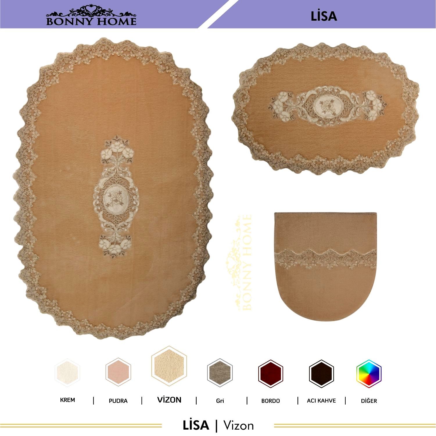 Bonny Home Lisa 3lü Dantelli Klozet Takımı Çeyizlik Banyo Halısı Paspası Seti - Vizon