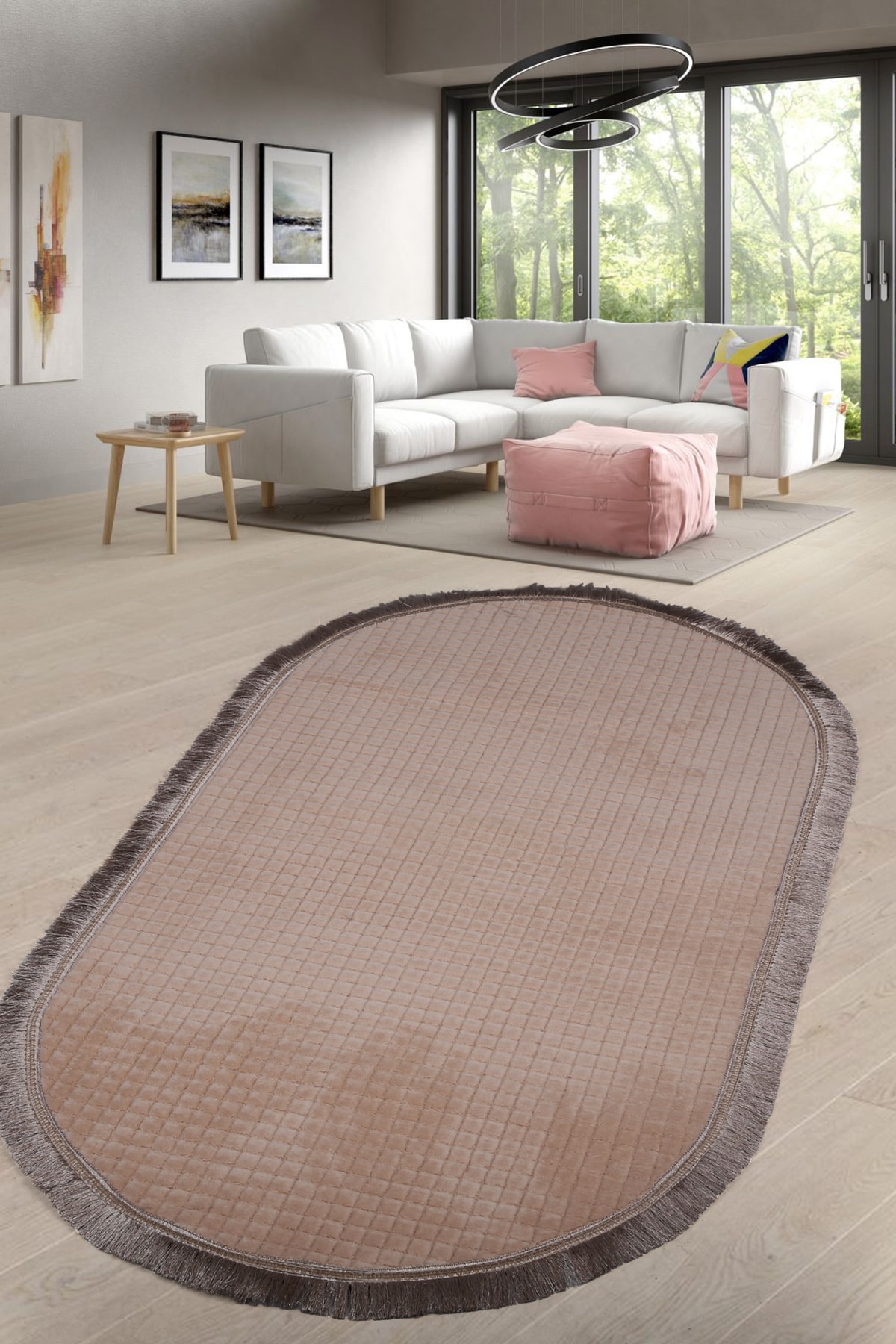 Kare Plus Oval Spor Saçaklı Salon Oda Çocuk Mutfak Antre Koridor Halısı Kaymaz Yıkanabilir Peluş Kesme Halı Yolluk - Vizon