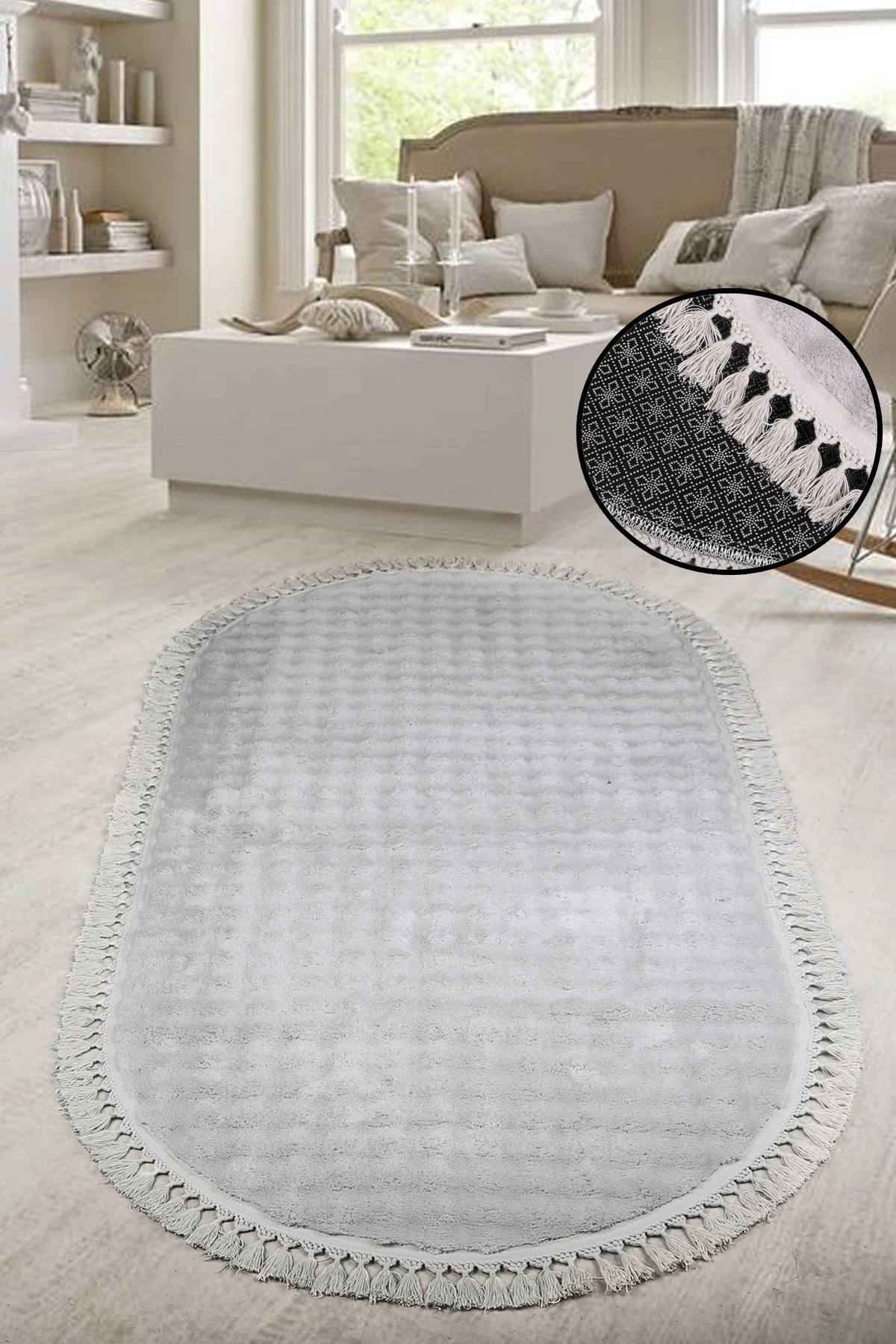 Bubble Oval Ponpon Saçaklı Püsküllü Salon Oda Çocuk Mutfak Koridor Antre Halısı Yıkanabilir Kaymaz Tabanlı Peluş Halı Yolluk - Gri