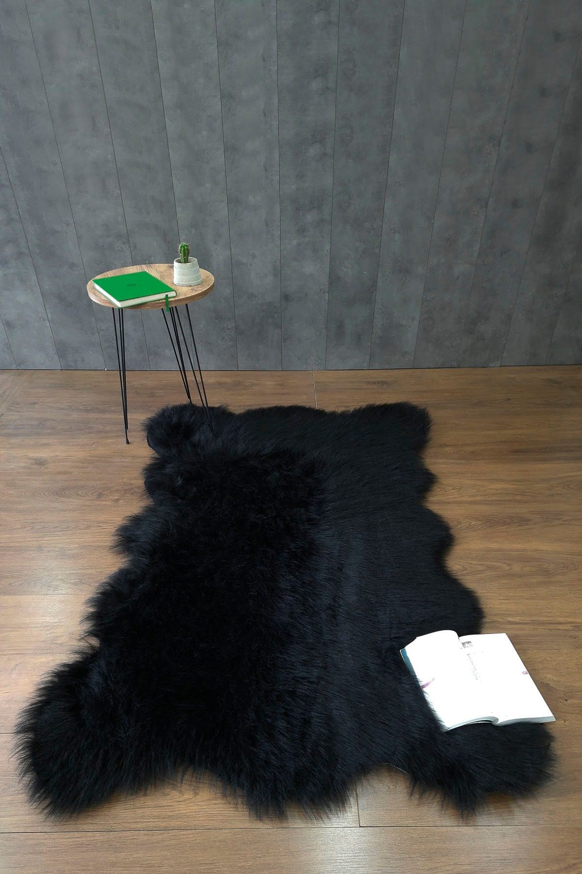 Kürk Halı Rectangle Puf Peluş Post Tüylü Puffy Kaymaz Yumuşak Shaggy Dekoratif Salon Oda Mutfak Çocuk Yatak Odası Halısı Yolluk - Siyah