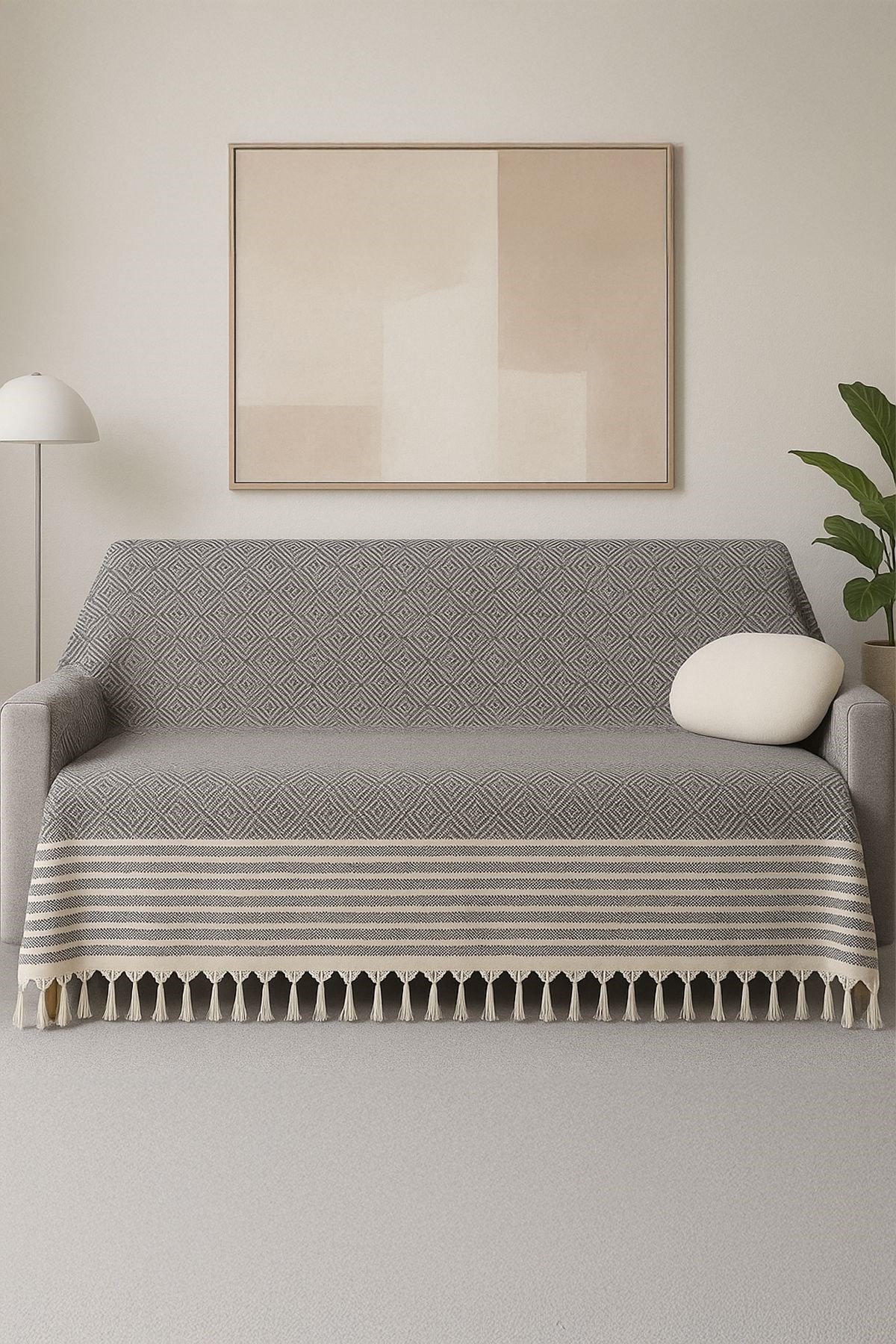 Alora – Pamuklu Püsküllü Örtü, Geometrik Desenli Koltuk ve Yatak Şalı 220x180 cm