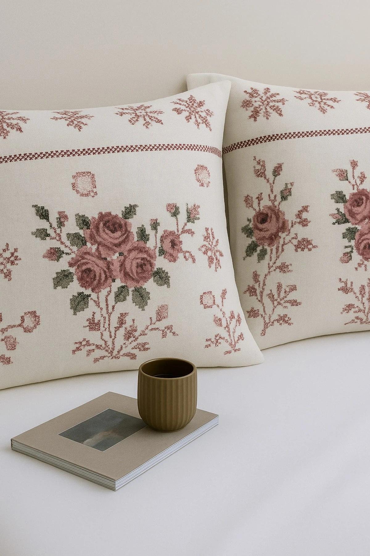 Rosina Turkuaz Desenli 2 li Yastık Kılıfı Pamuklu Kumaş Fermuarlı