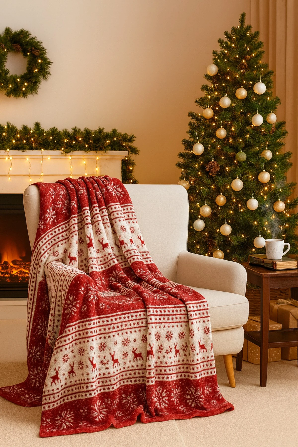 Berfu Kadife Bordo-Kırmızı Yılbaşı Desenli Tv Battaniyesi Çift Kişilik Polar Battaniye Koltuk Şalı