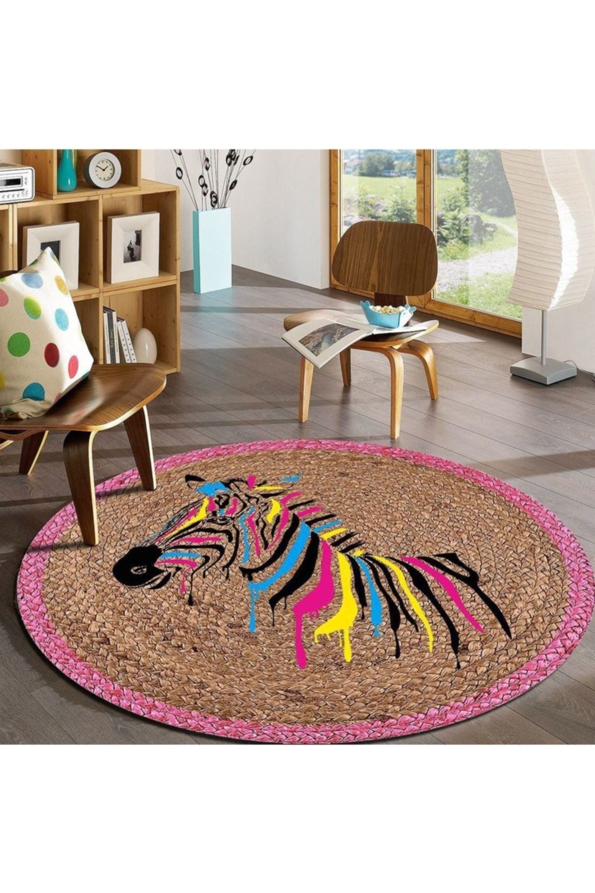 Zebra Desen Yuvarlak Jüt Hasır Halı Salon Oda Çocuk Mutfak Antre Koridor Halısı Yolluk KS-1067