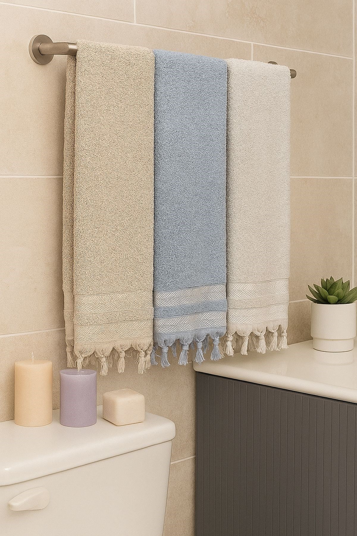Lora 3’lü Banyo Havlusu Seti – 3 Adet 100x150 cm, %100 Pamuk, Yumuşak Dokulu, Saçaklı Havlu