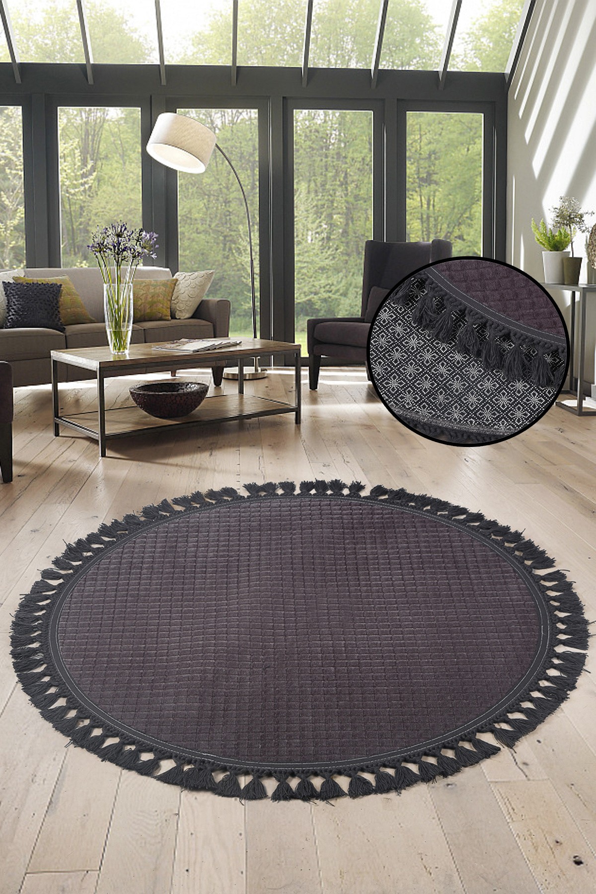 Kare Plus Yuvarlak Ponpon Saçaklı Salon Oda Çocuk Mutfak Antre Koridor Halısı Kaymaz Tabanlı Yıkanabilir Peluş Halı Yolluk